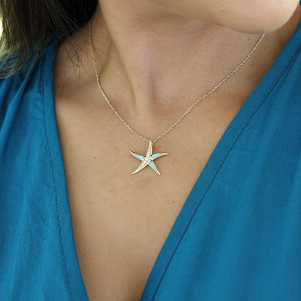 Sealife Starfish Turquoise Pendant in Gold with Diamonds - 23mm