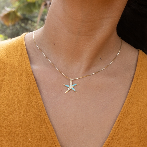 Sealife Starfish Turquoise Pendant in Gold with Diamonds - 23mm