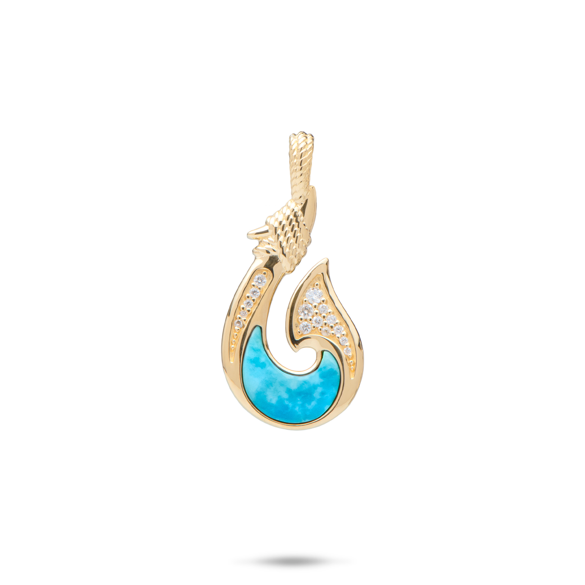 Fish Hook Turquoise Pendant in Yellow Gold with Diamonds