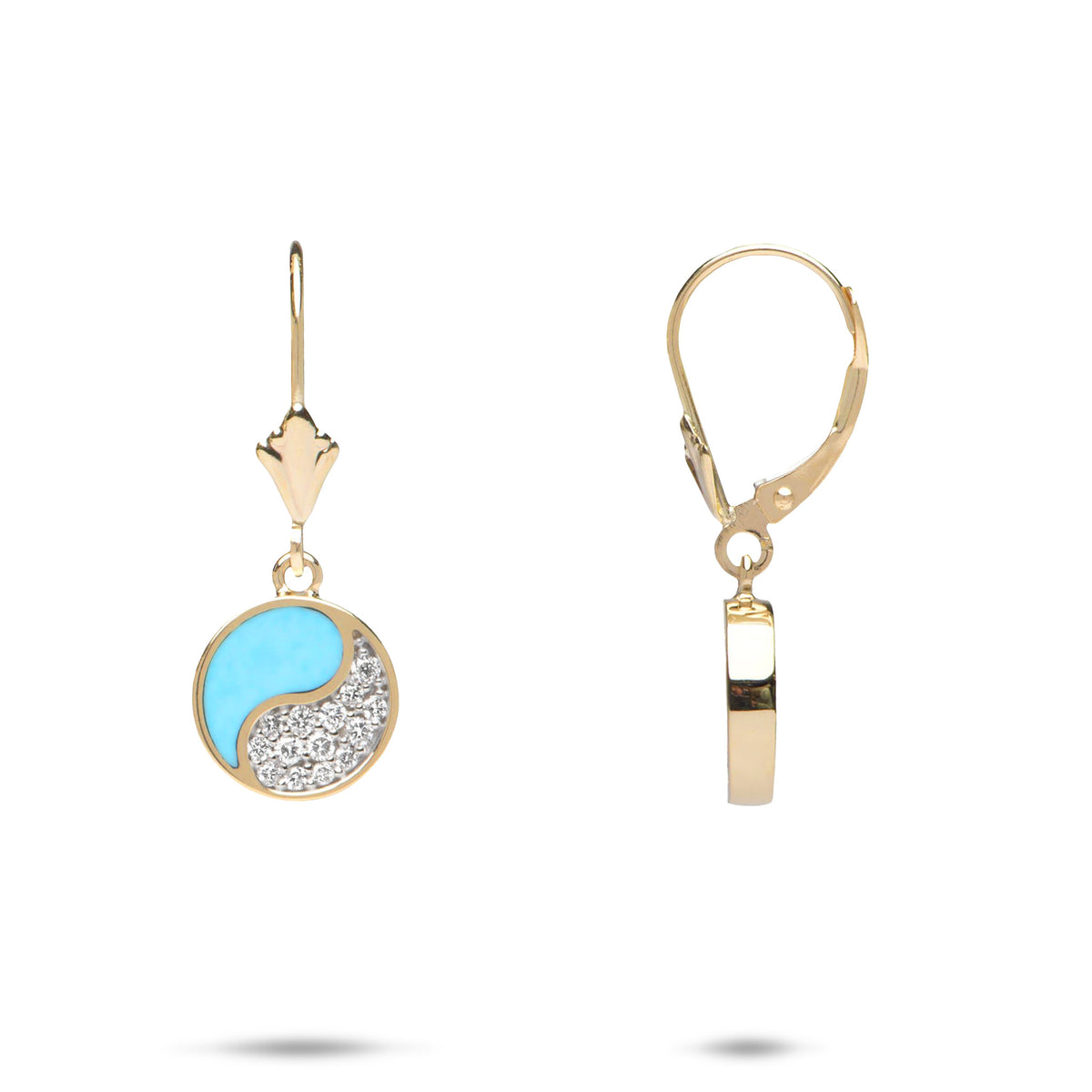 A pair of 14k gold leverback earrings  featuring a circular 10mm Yin Yang symbol with a turquoise half and a pavé-set diamond half with white gold prongs, one showing the front view and the other showing the side view, displayed on a white background.