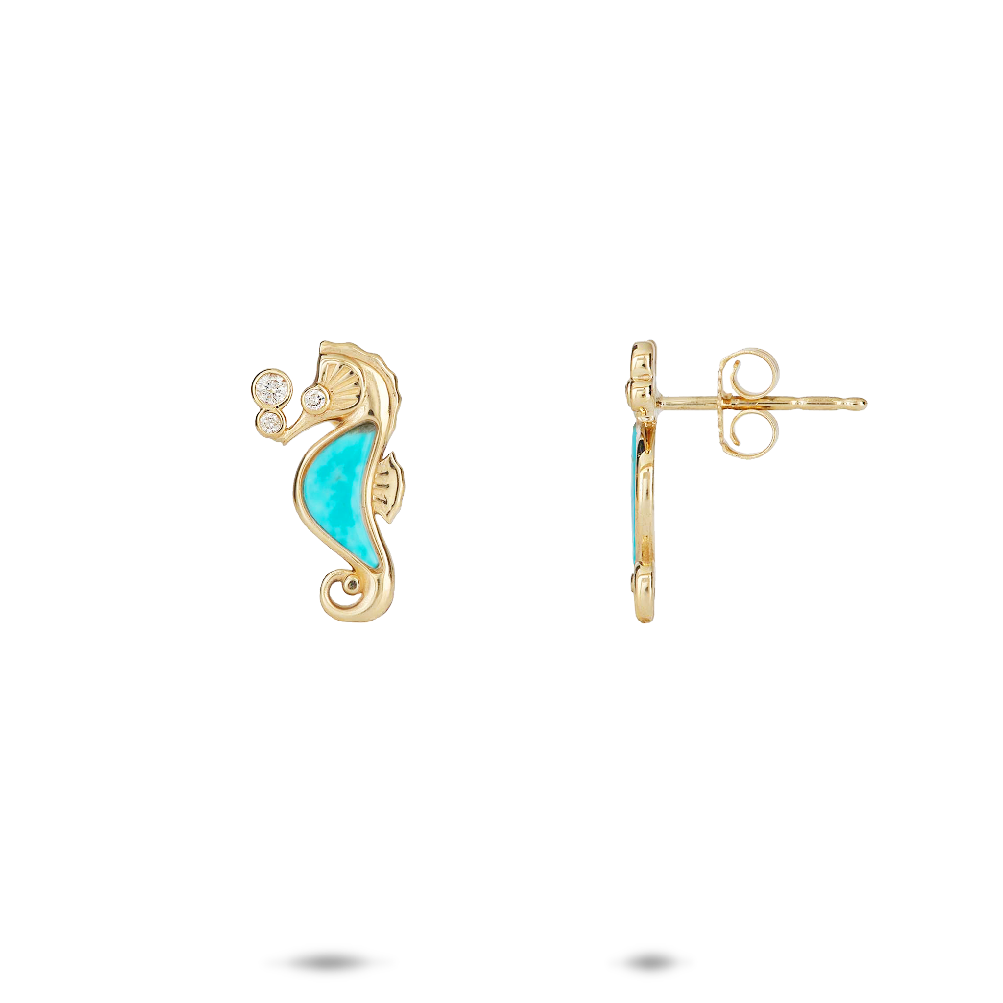 Sealife Seahorse Turquoise Earrings in Gold with Diamonds - 15mm