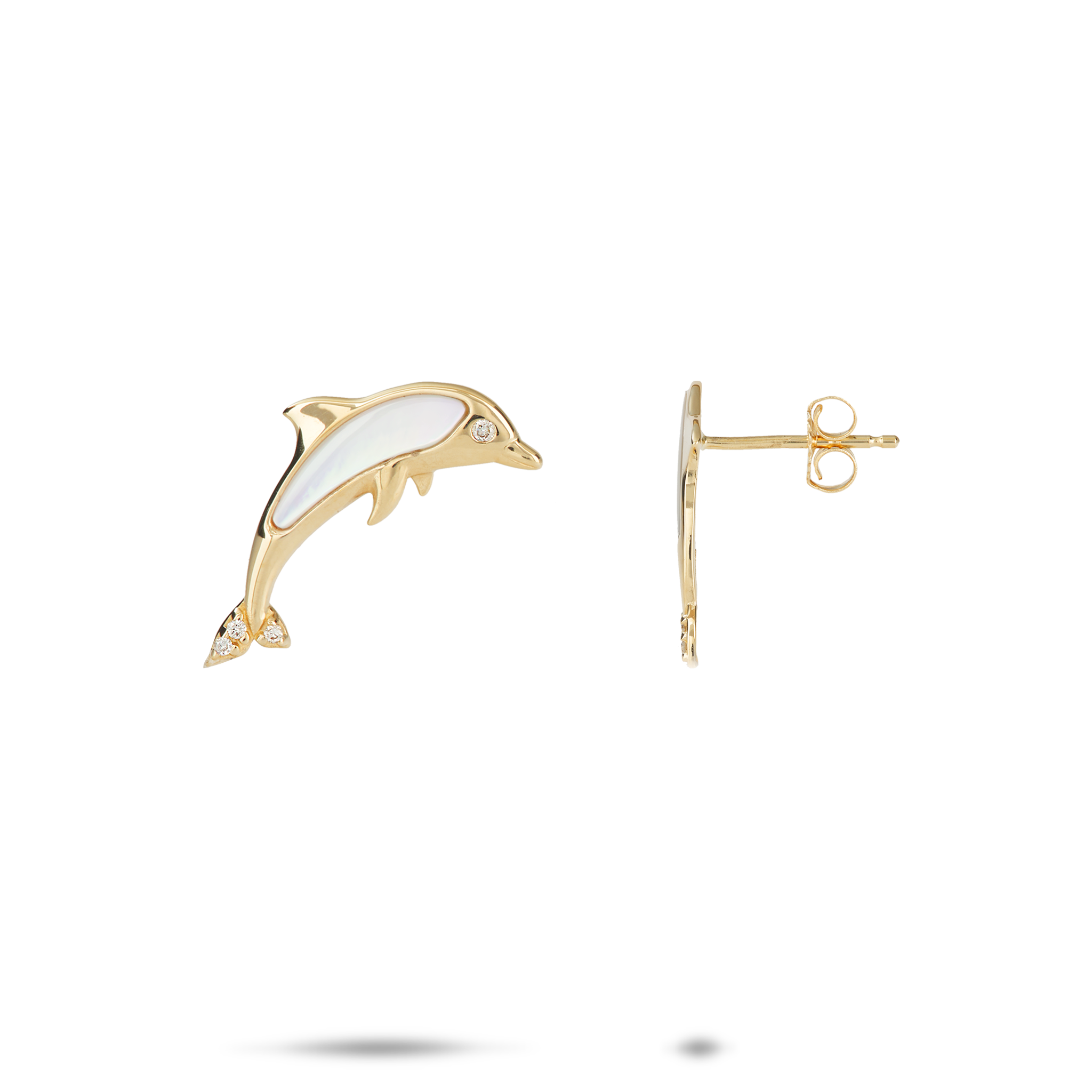 Sealife Dolphin Mother of Pearl Earrings in Gold with Diamonds