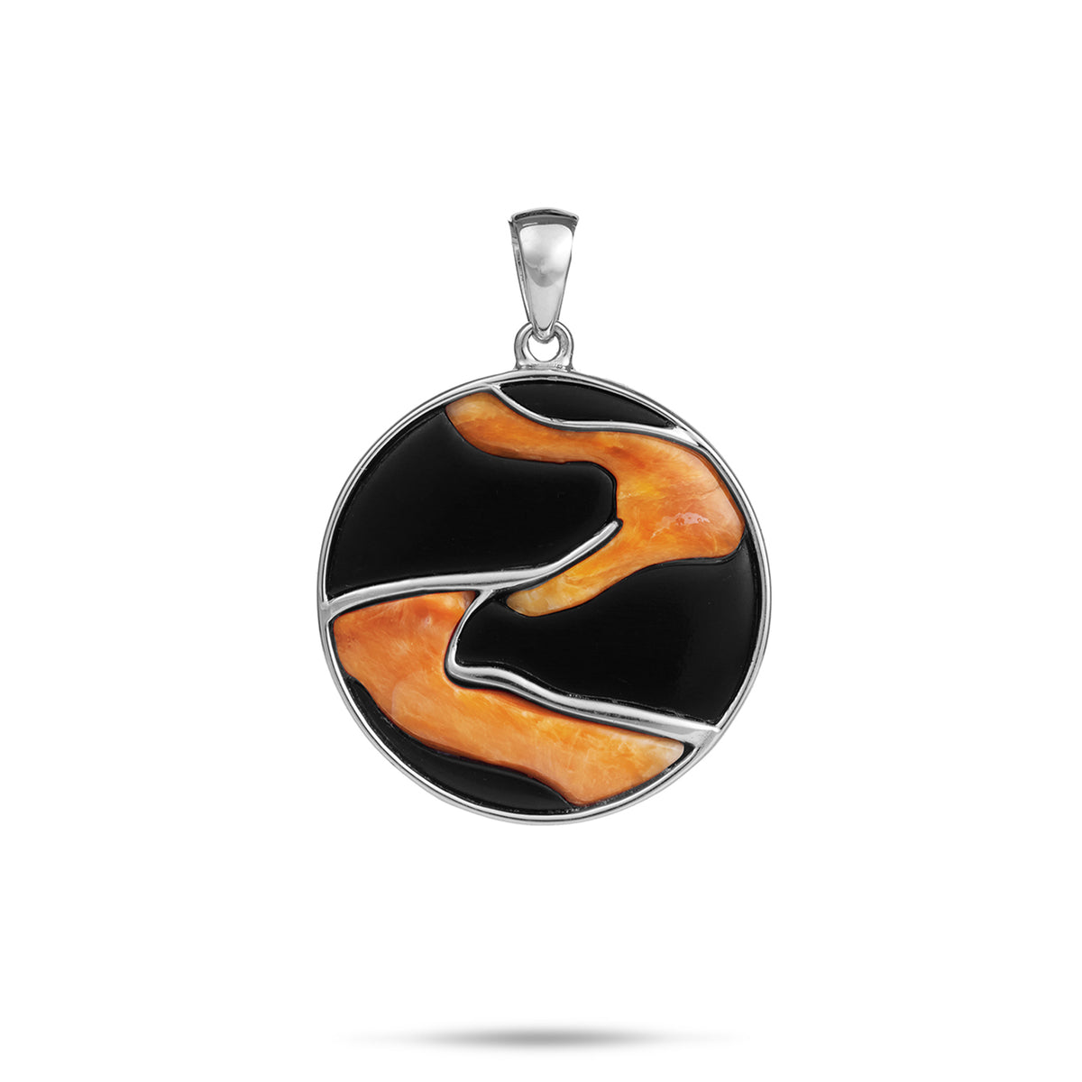 A 22mm round white gold Lava Flow pendant featuring a Black Coral and orange Spiny Oyster abstract inlay design, displayed on a clean white background with a soft shadow underneath.