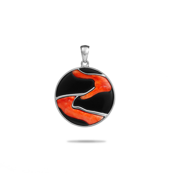 Lava Flow Black Coral and Spiny Oyster Pendant in White Gold - 22mm
