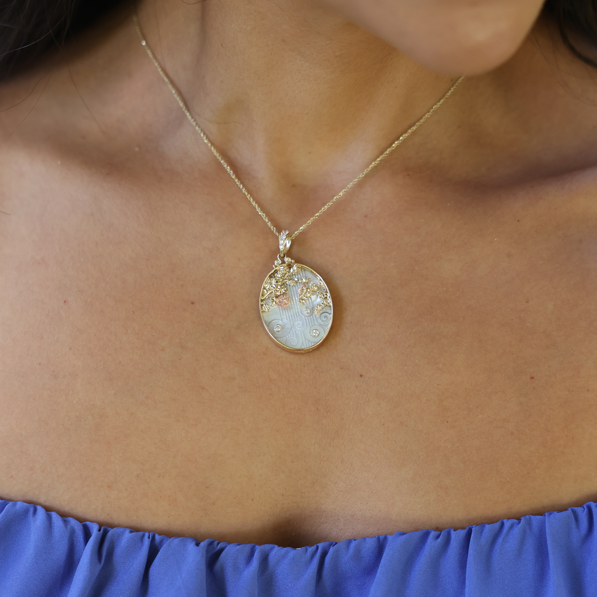 ʻŌhiʻa Lehua Waterfall Mother of Pearl Pendant in Two Tone Gold with Diamonds