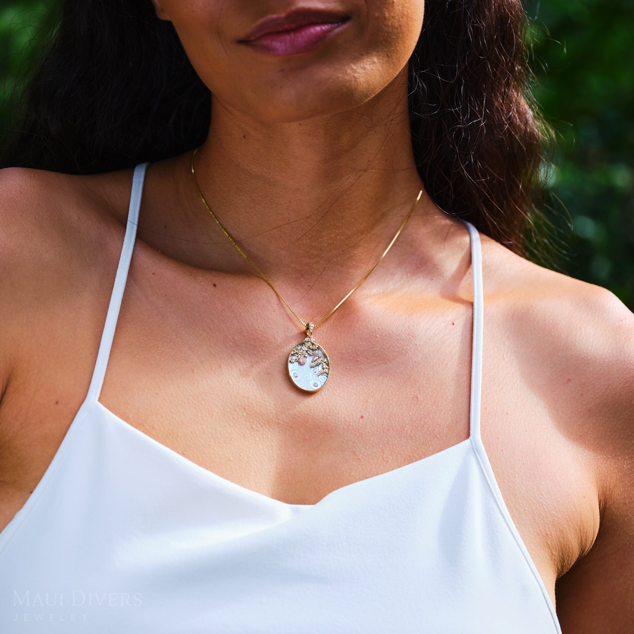 ʻŌhiʻa Lehua Waterfall Mother of Pearl Pendant in Two Tone Gold with Diamonds