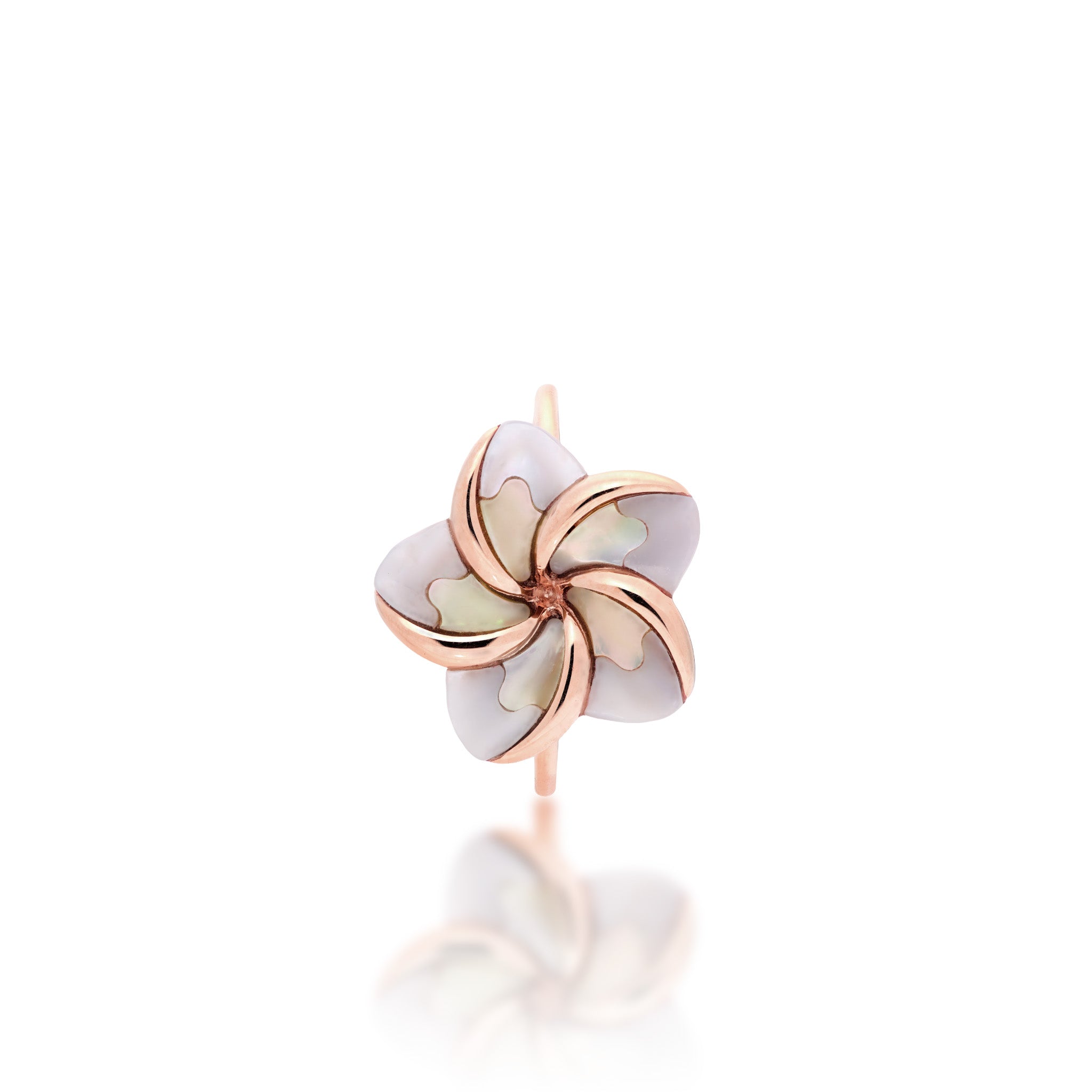 Front View of a 16mm Plumeria Mother of Pearl Ring in 14k Rose Gold on white background