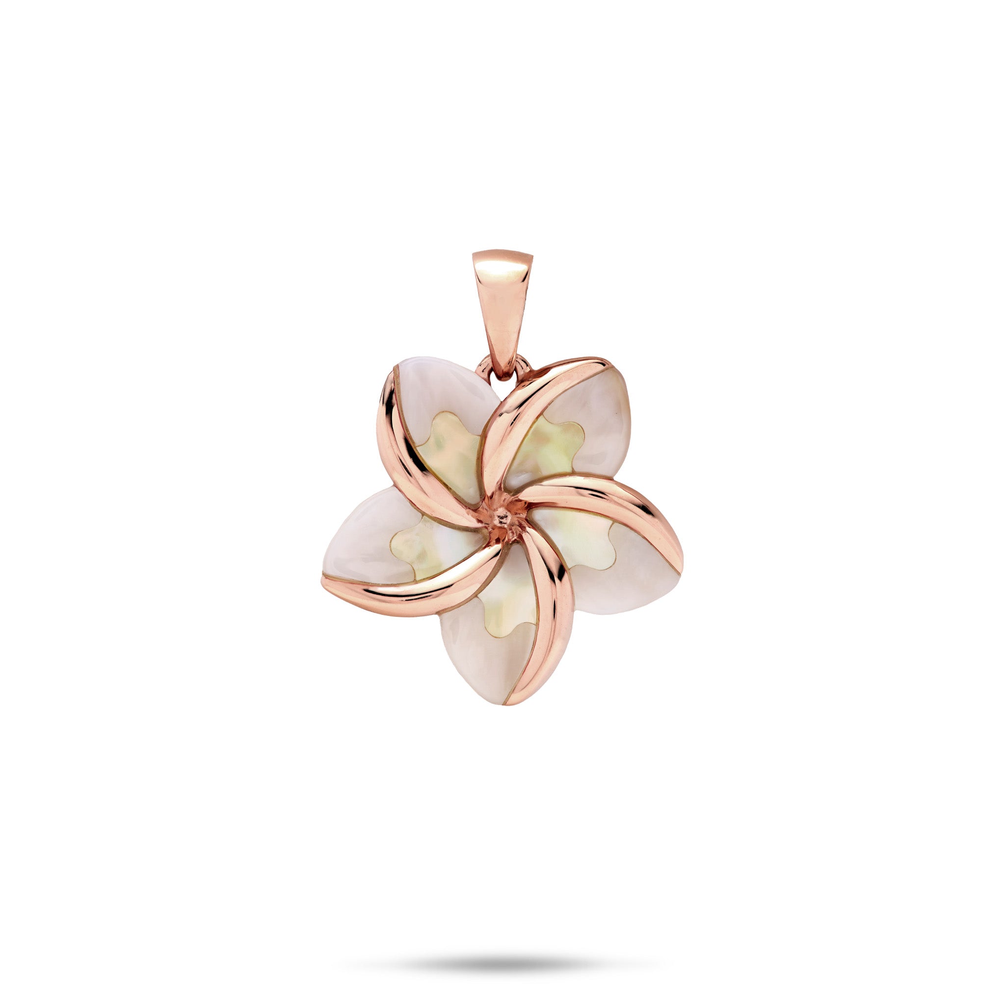 18mm Plumeria Mother of Pearl Pendant in 14k Rose Gold on white background