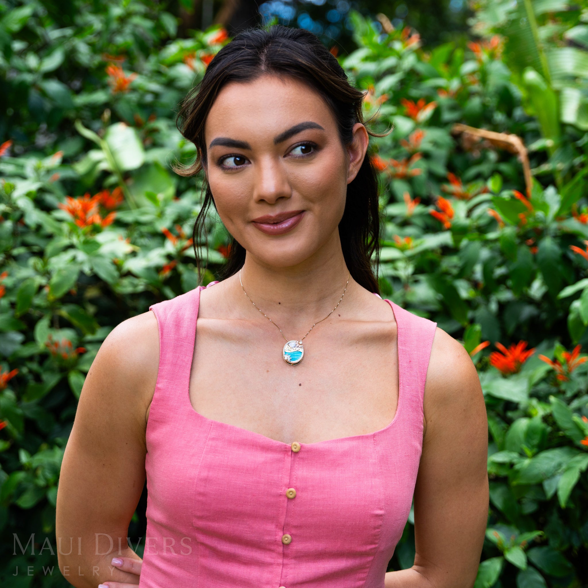 Beach & Mountain Naupaka Turquoise & Mother of Pearl Pendant in Tri Color Gold with Diamonds