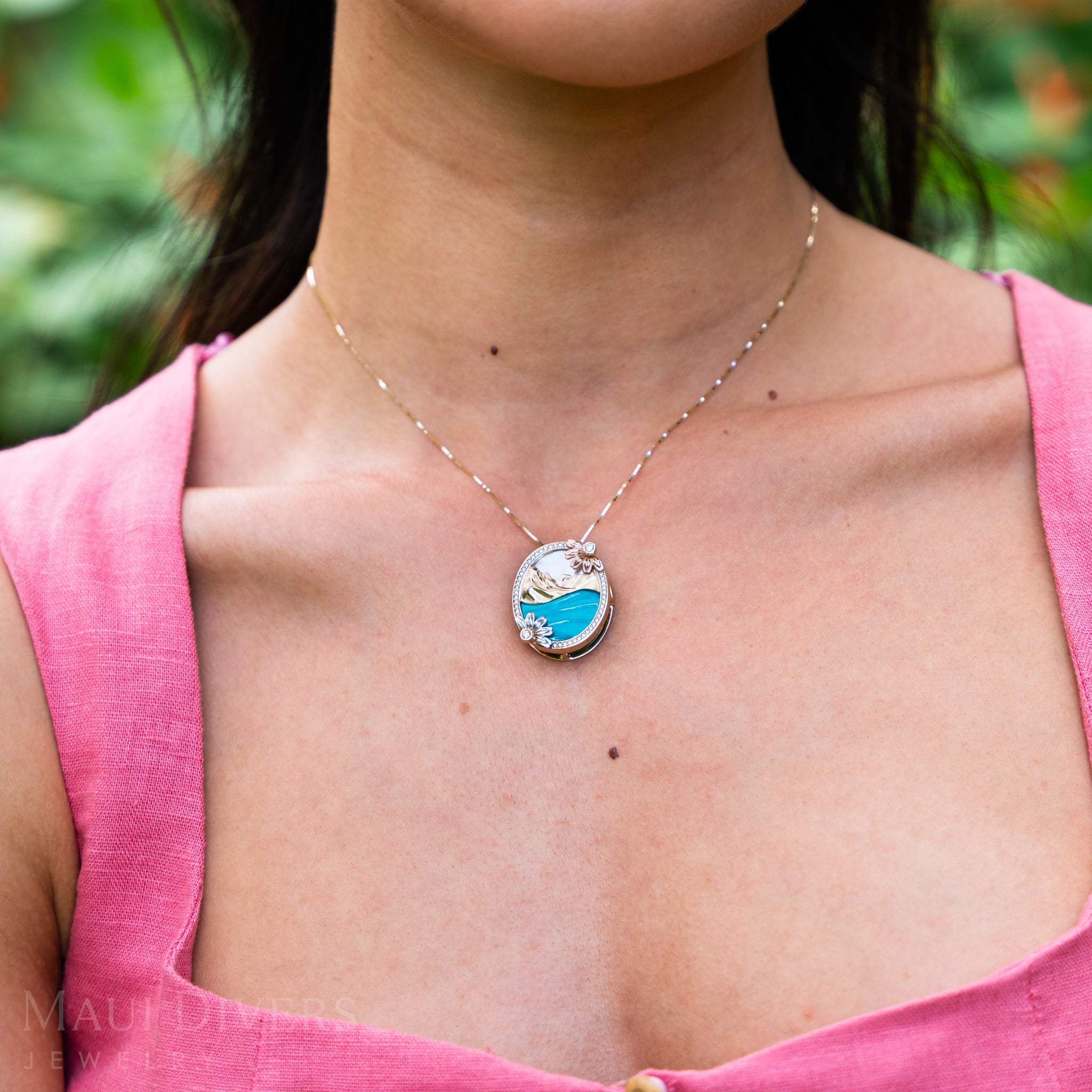 Naupaka Turquoise, Mother of Pearl & Diamond Pendant in Tri Color Gold