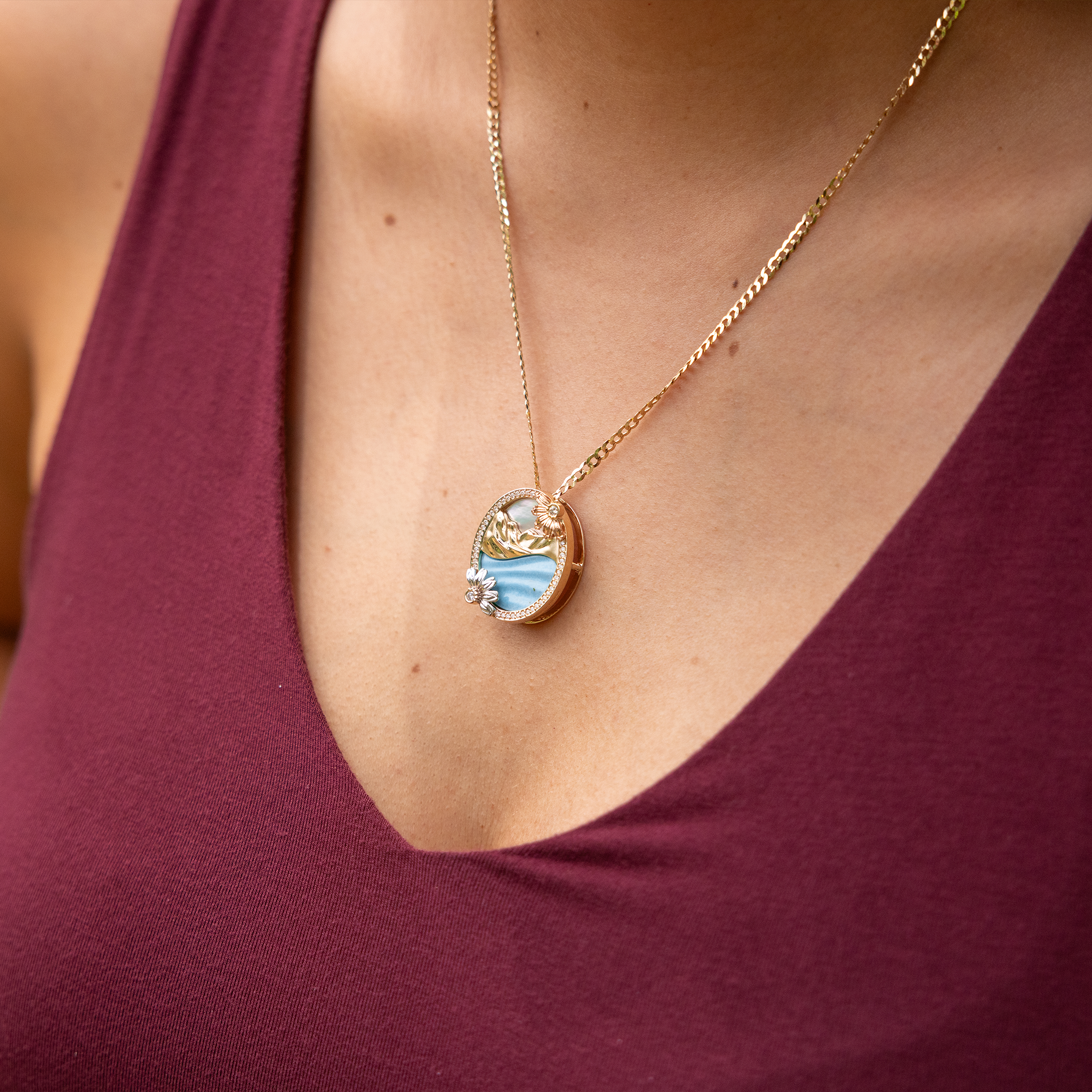 Beach & Mountain Naupaka Turquoise & Mother of Pearl Pendant in Tri Color Gold with Diamonds