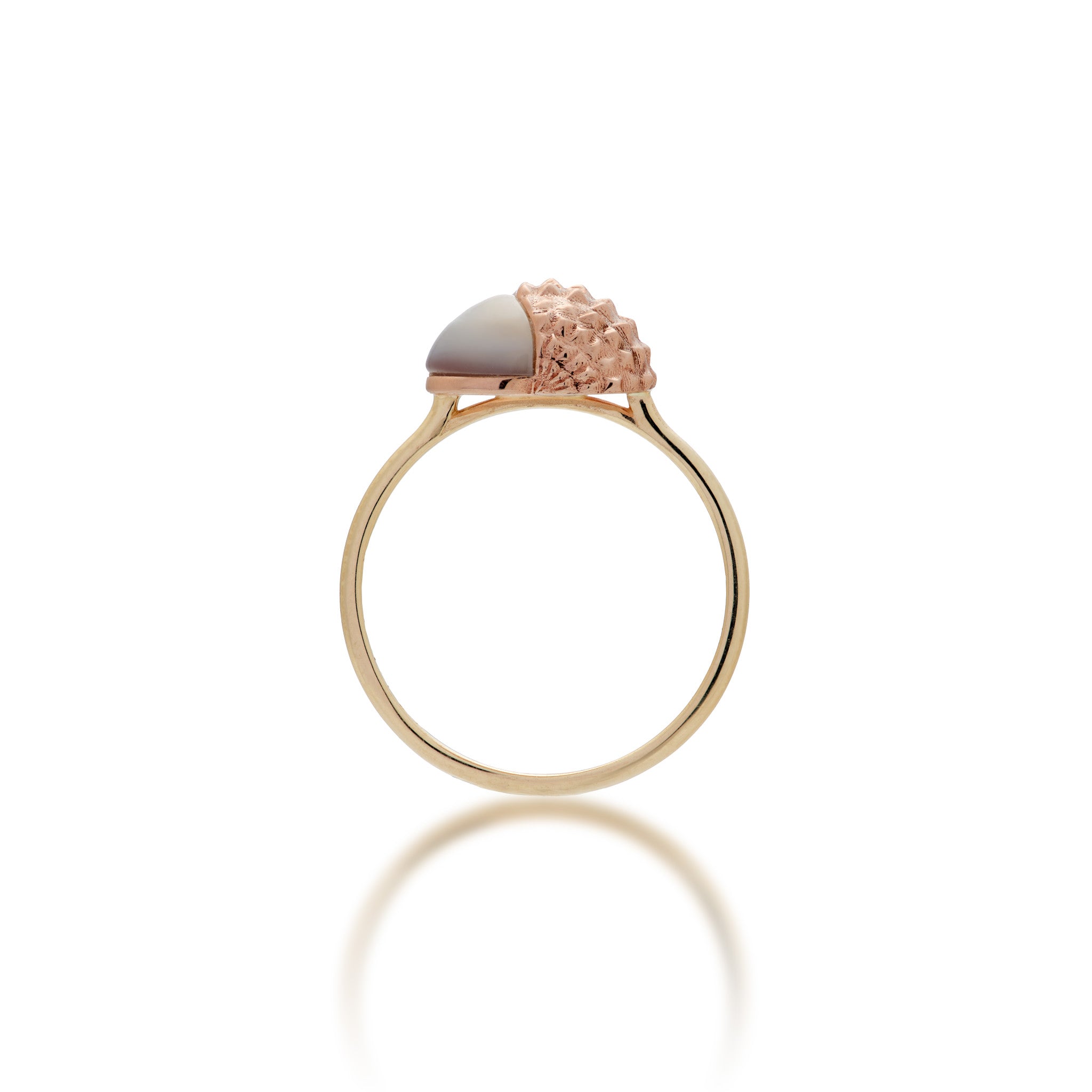 Side View of the 11mm Lychee Ring in 14k Rose and Yellow Gold with White Mother of Pearl Inlay on a White Background