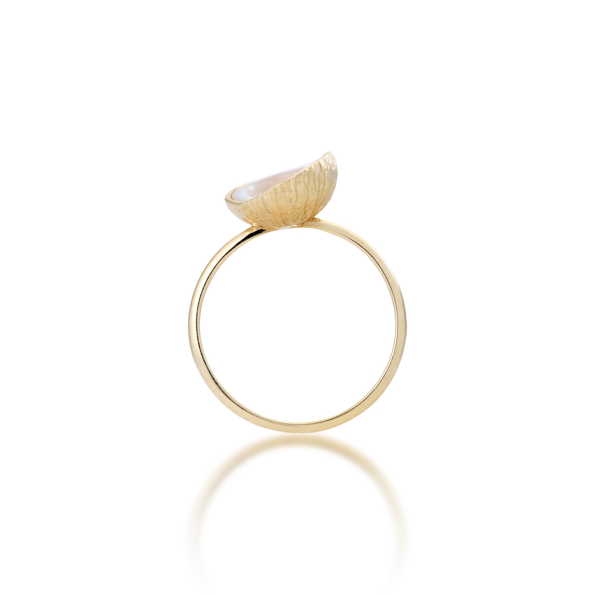 Side view of the 10mm Coconut Ring with Mother of Pearl Inlay in 14k Yellow Gold on a White Background