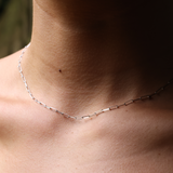 A woman's neck with a 2mm Paperclip Chain in White Gold