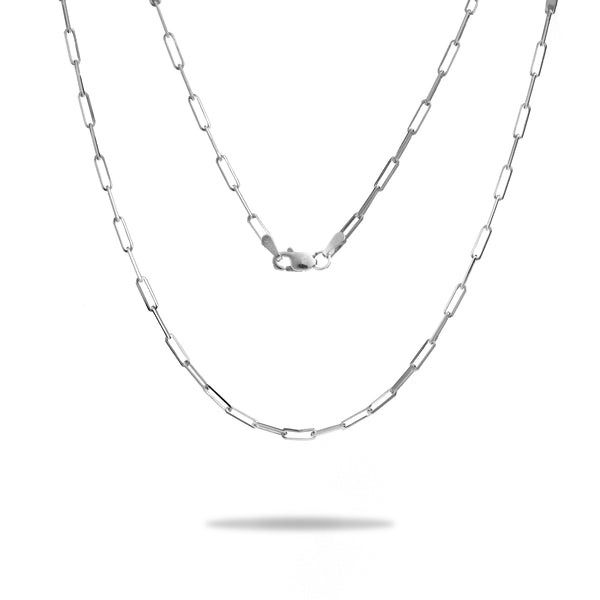 A 2mm Paperclip Chain in White Gold with a clasp on a white background from Maui Divers Jewelry.	