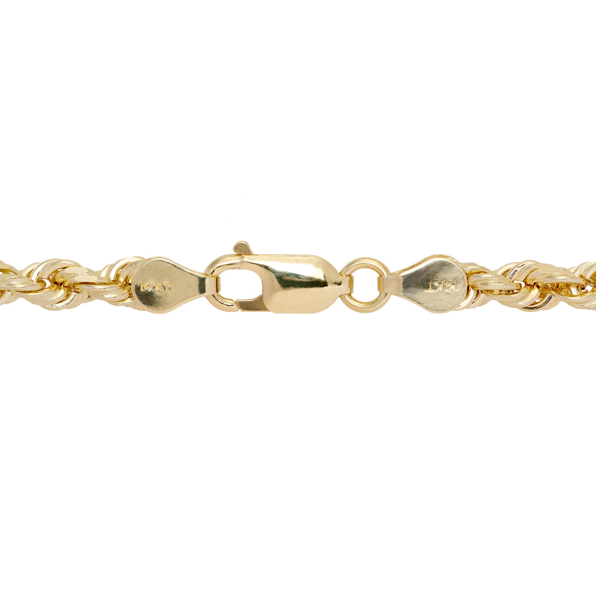 Detail shot of a 14k yellow gold 5mm rope chain with a lobster claw clasp, shown on a white background