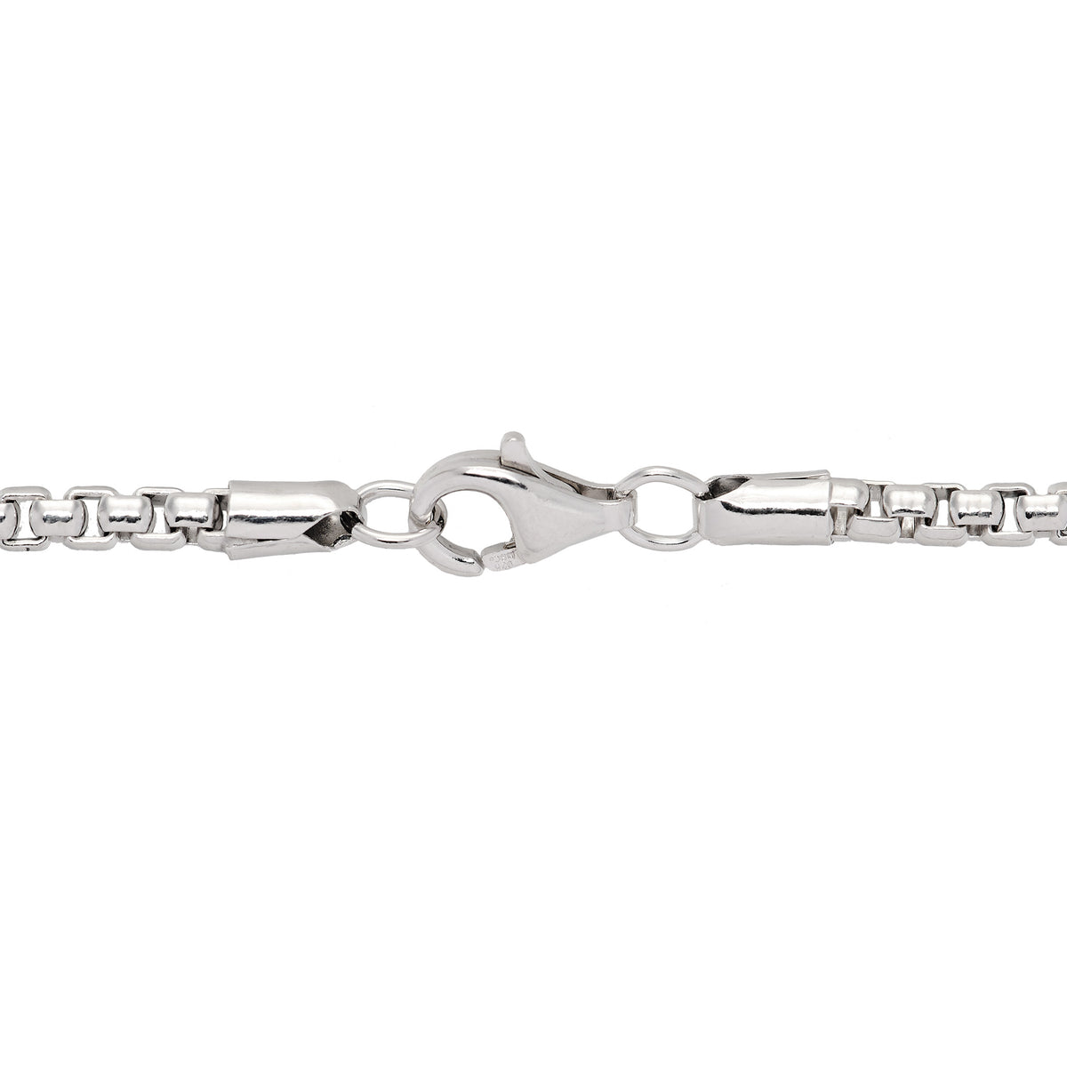 Close up of a 2.5mm Round Box Chain in Sterling Silver with Lobster Claw Clasp on a white background