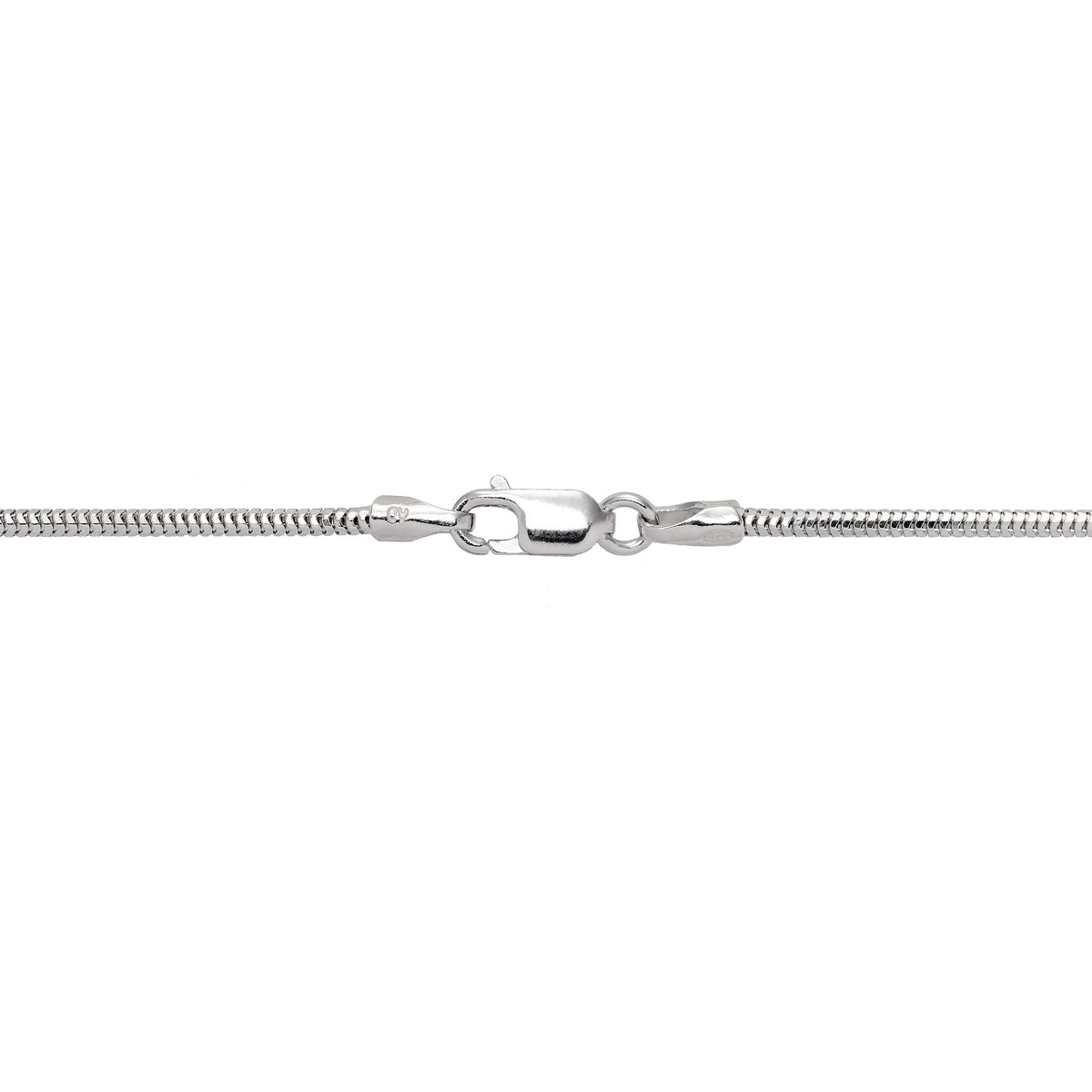 Close up of a 1.4mm Snake Chain in Sterling Silver with Lobster Claw Clasp on a white background