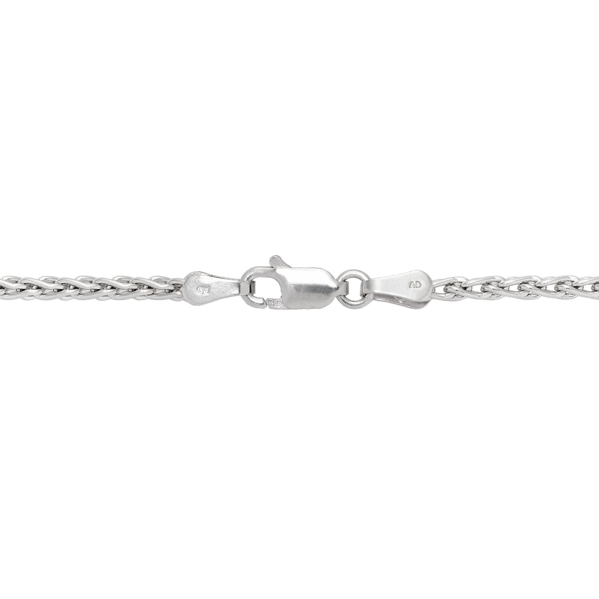 Close up of a 2.5mm Espiga Chain in Sterling Silver with Lobster Claw Clasp on a white background