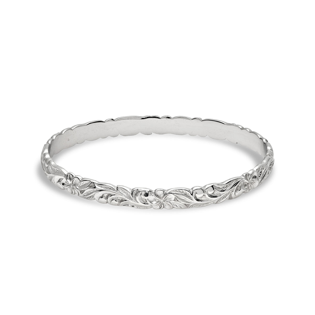 6mm Hawaiian Heirloom Plumeria Bracelet in Sterling Silver on a white background