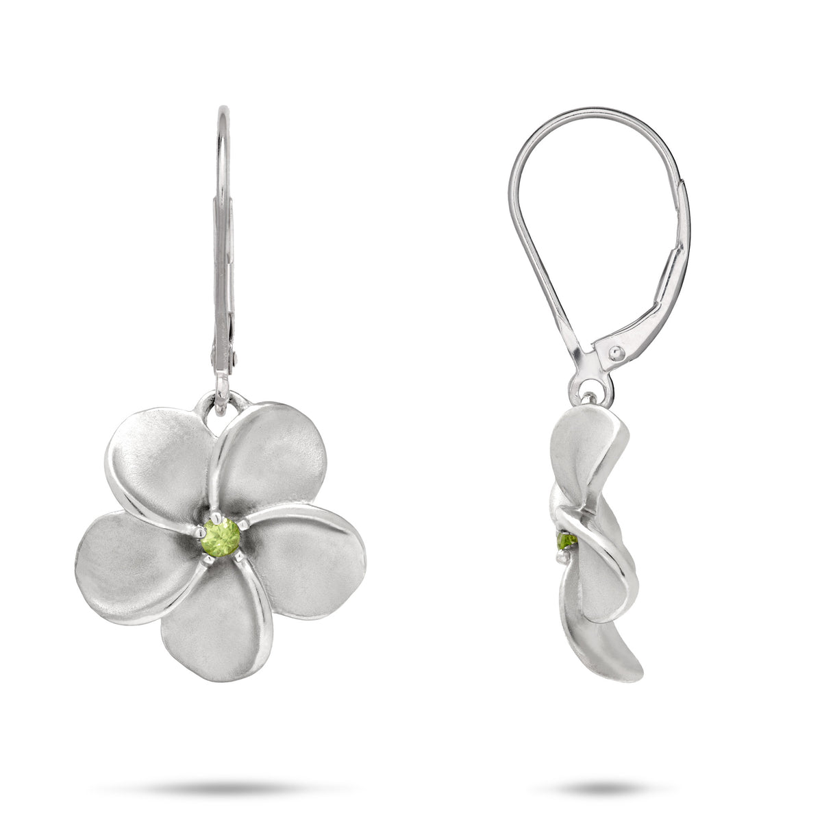 A pair of sterling silver plumeria flower earrings in sterling silver with a central peridot gemstone, one showing the front view and the other showing the side view, placed on a white background.