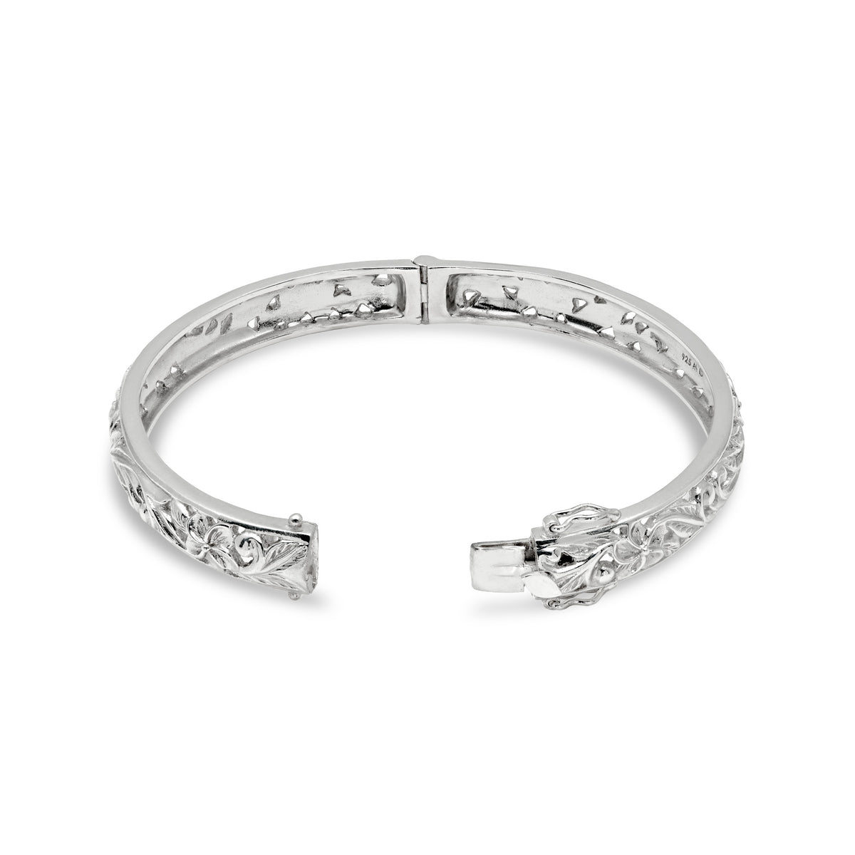 Close up of opened hinge on the Hawaiian Heirloom Plumeria Bracelet in Sterling Silver on a white background
