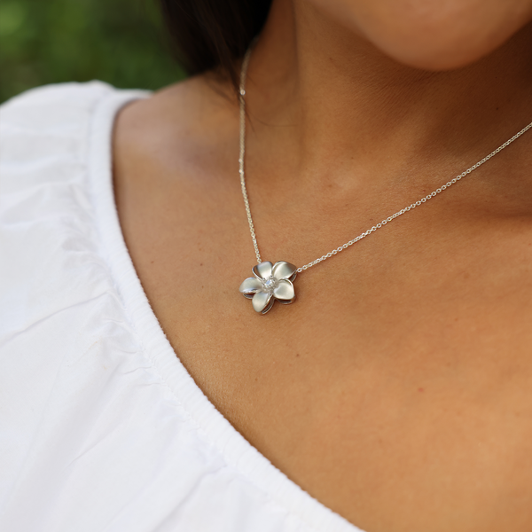 24" Adjustable Plumeria White Sapphire Necklace in Sterling Silver - 20mm