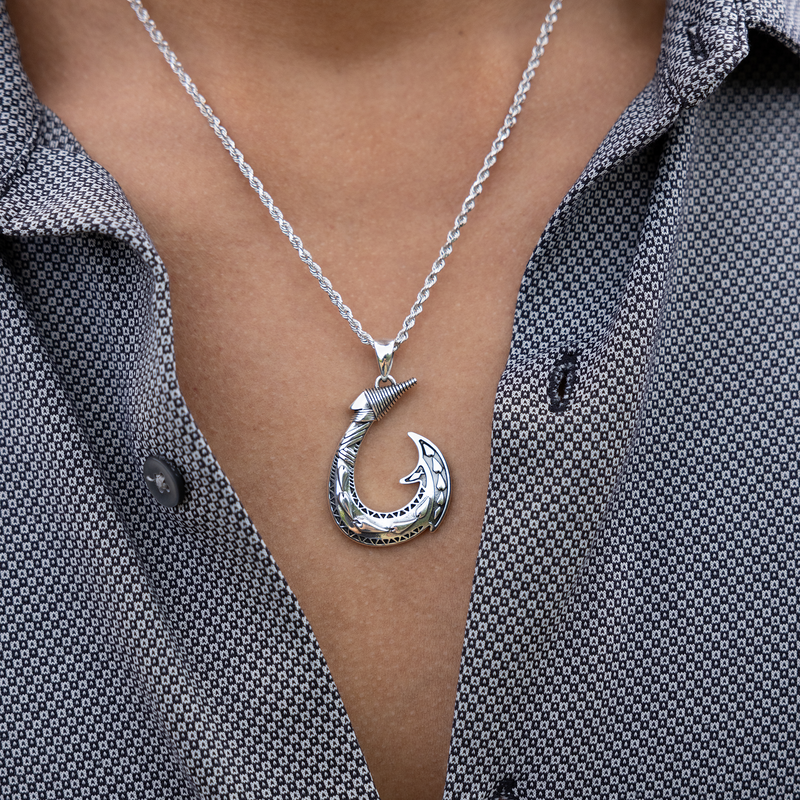 Silver Fish Hook Pendant Necklace 925 Sterling Silver Silver