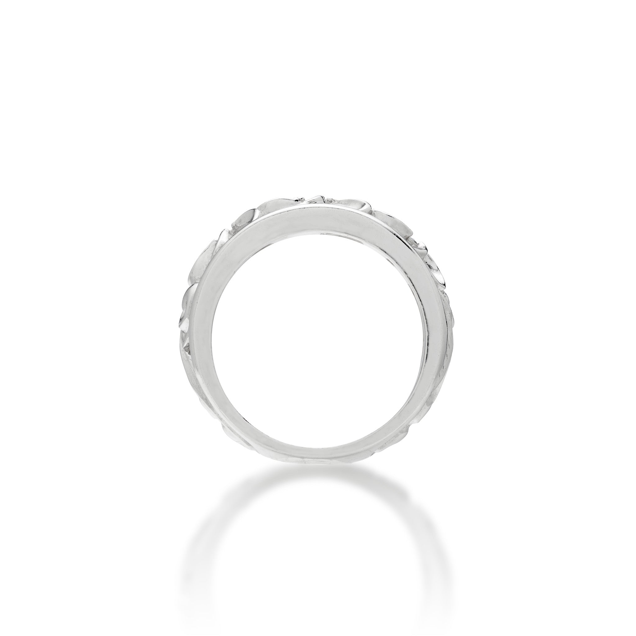 Side view of the 11mm Hawaiian Heirloom Plumeria White Sapphire Ring in Sterling Silver on a white background