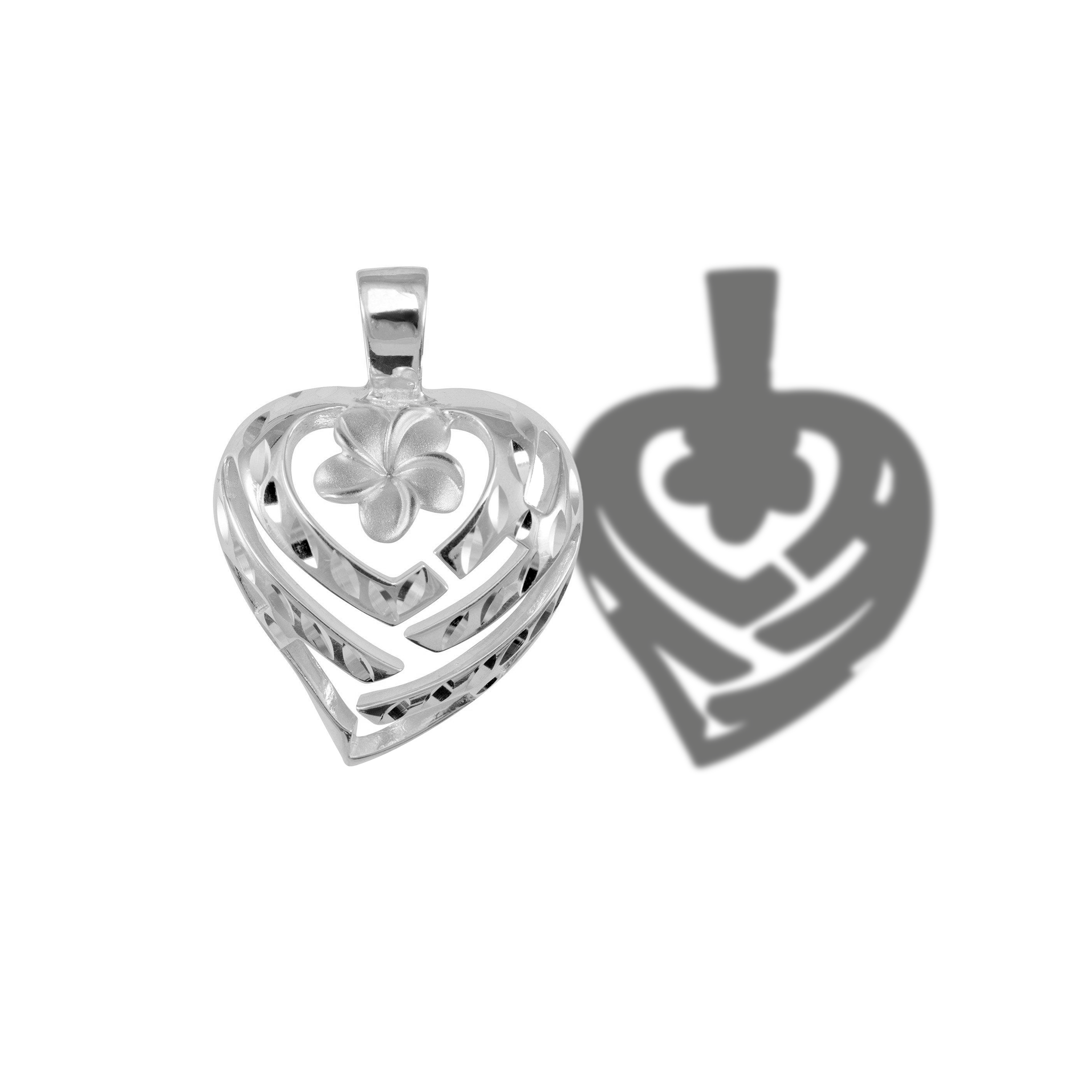 Aloha Heart Plumeria Pendant in Sterling Silver - 21mm