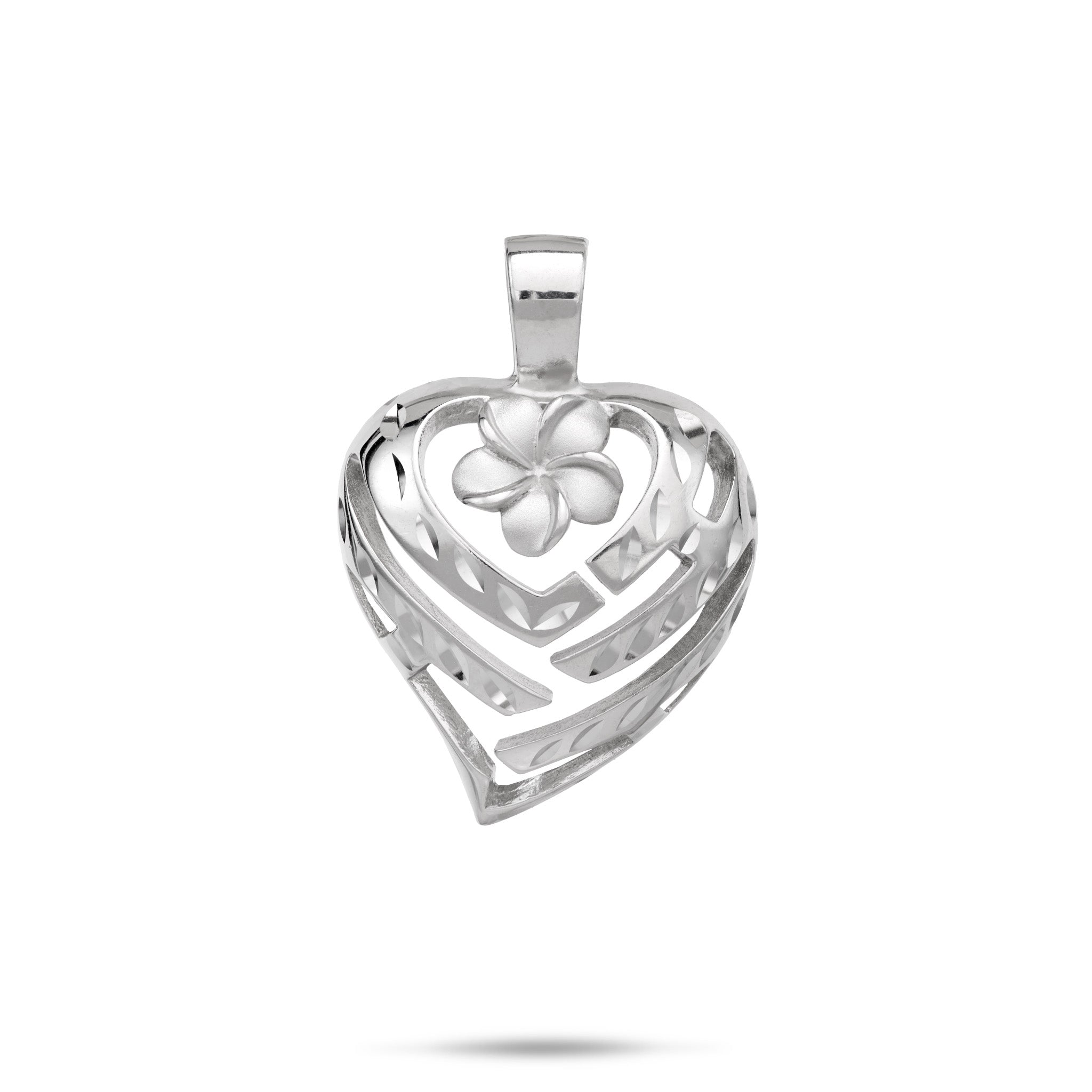 Aloha Heart Plumeria Pendant in Sterling Silver - 21mm