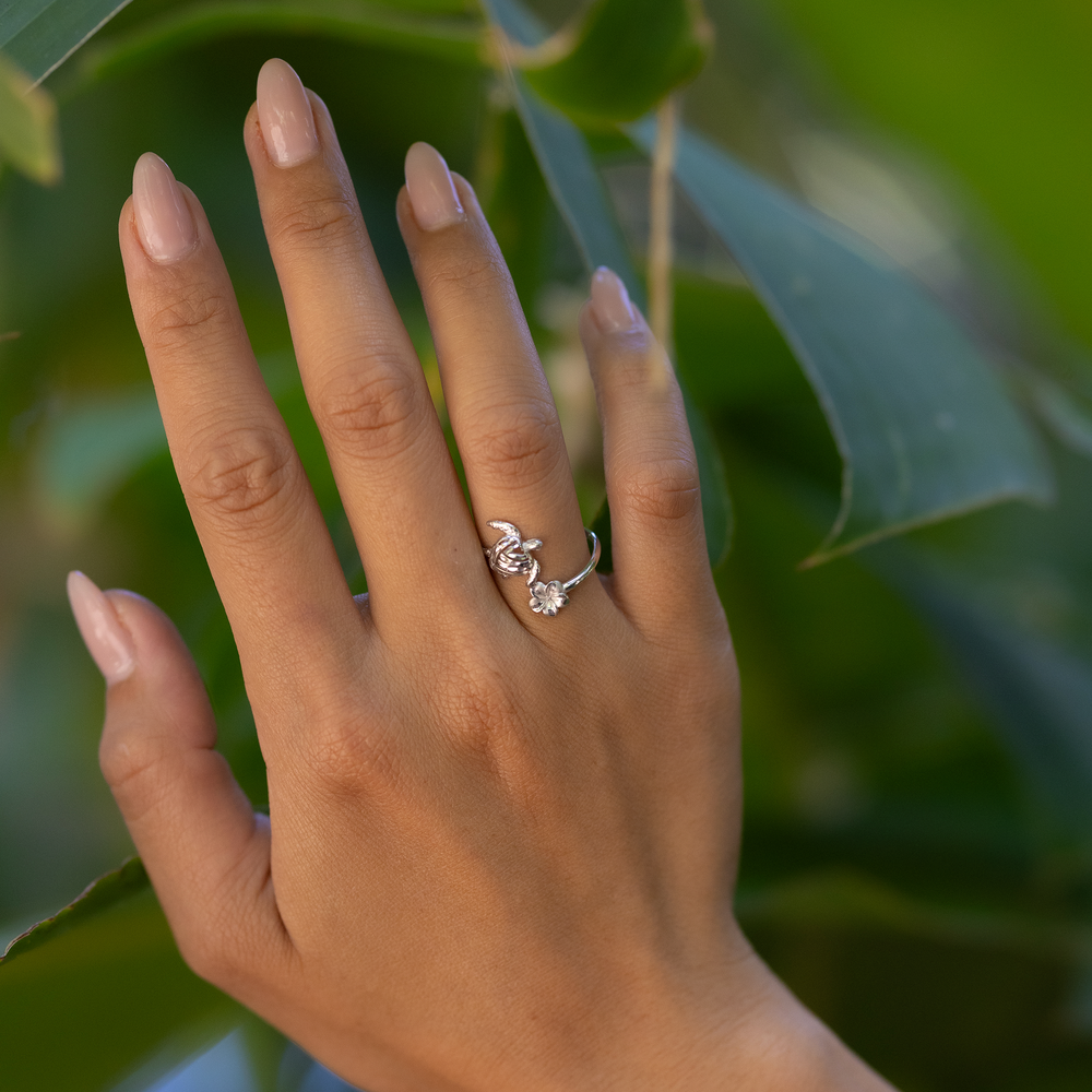Honu (Sea Turtle) and Plumeria Ring in Sterling Silver