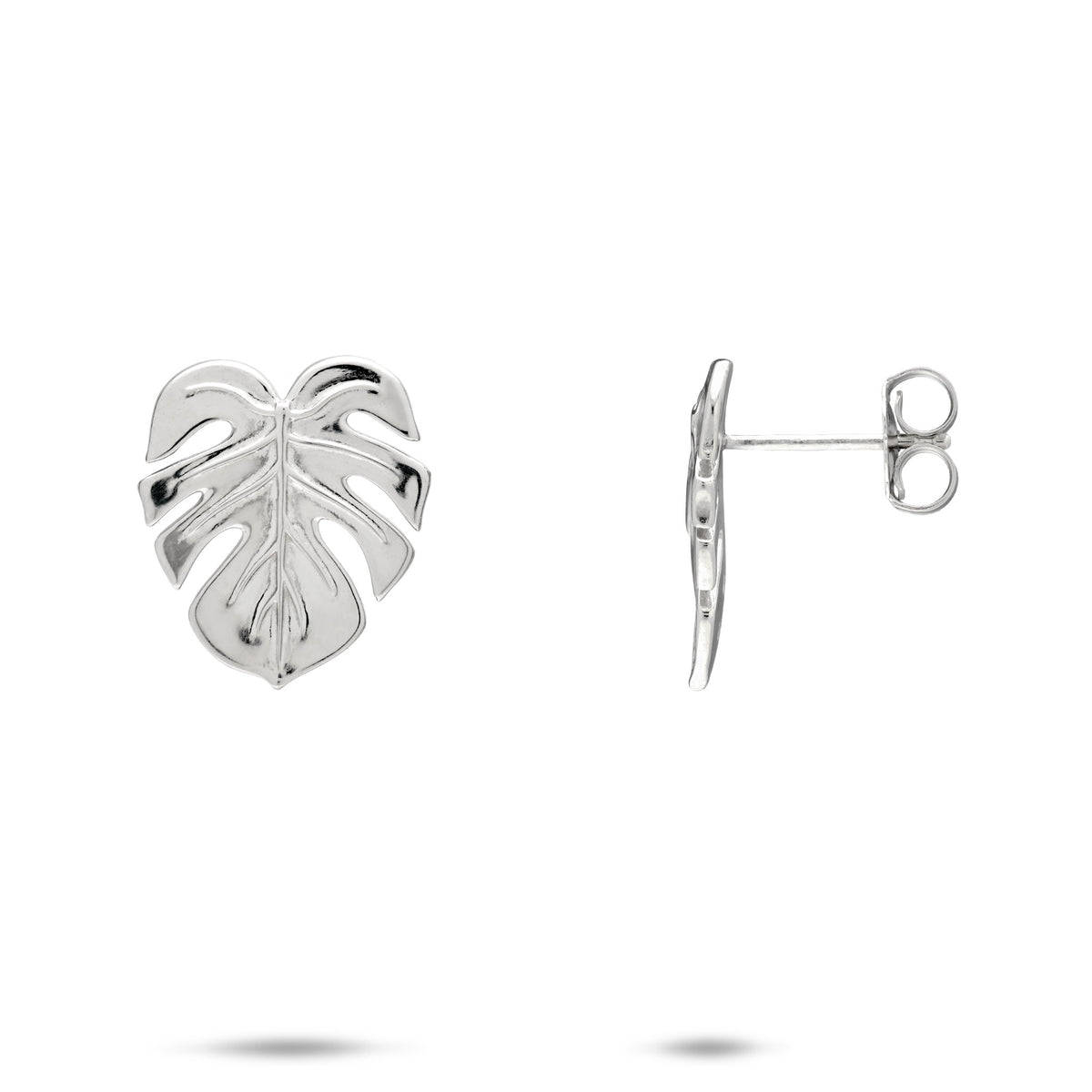 16mm Monstera Earrings in Sterling Silver with a high polish finish on a white background