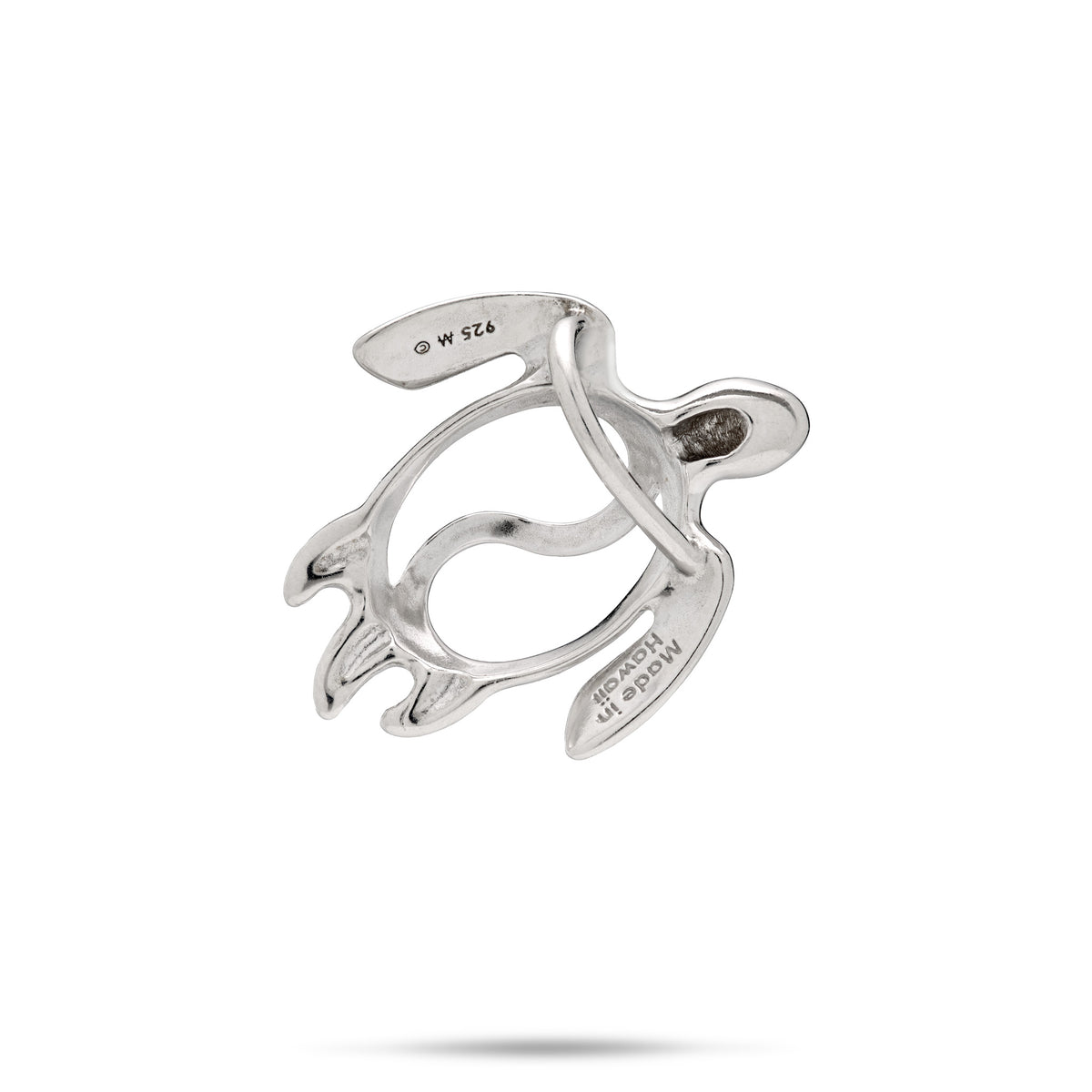 Backside view of a simple sterling silver sea turtle pendant with a high-polish finish and yin yang cut-out design as the shell, showcasing a 'Made in Hawaii' and 925' stamp, on a white background
