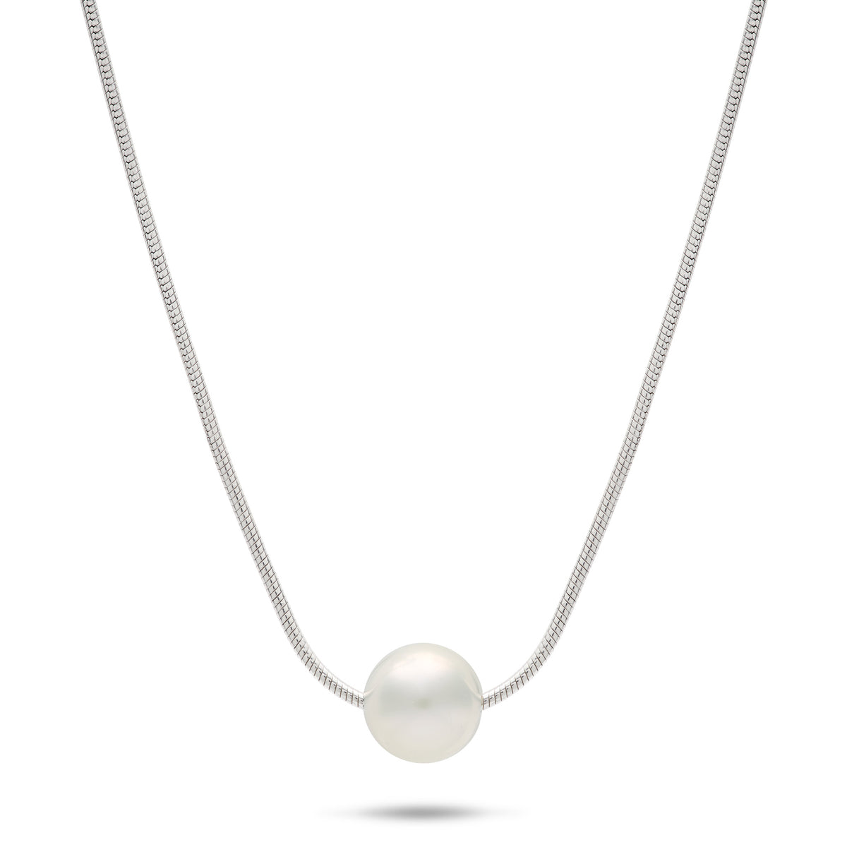 A sterling silver snake chain floating pearl necklace with a single white freshwater pearl, shown on a white background