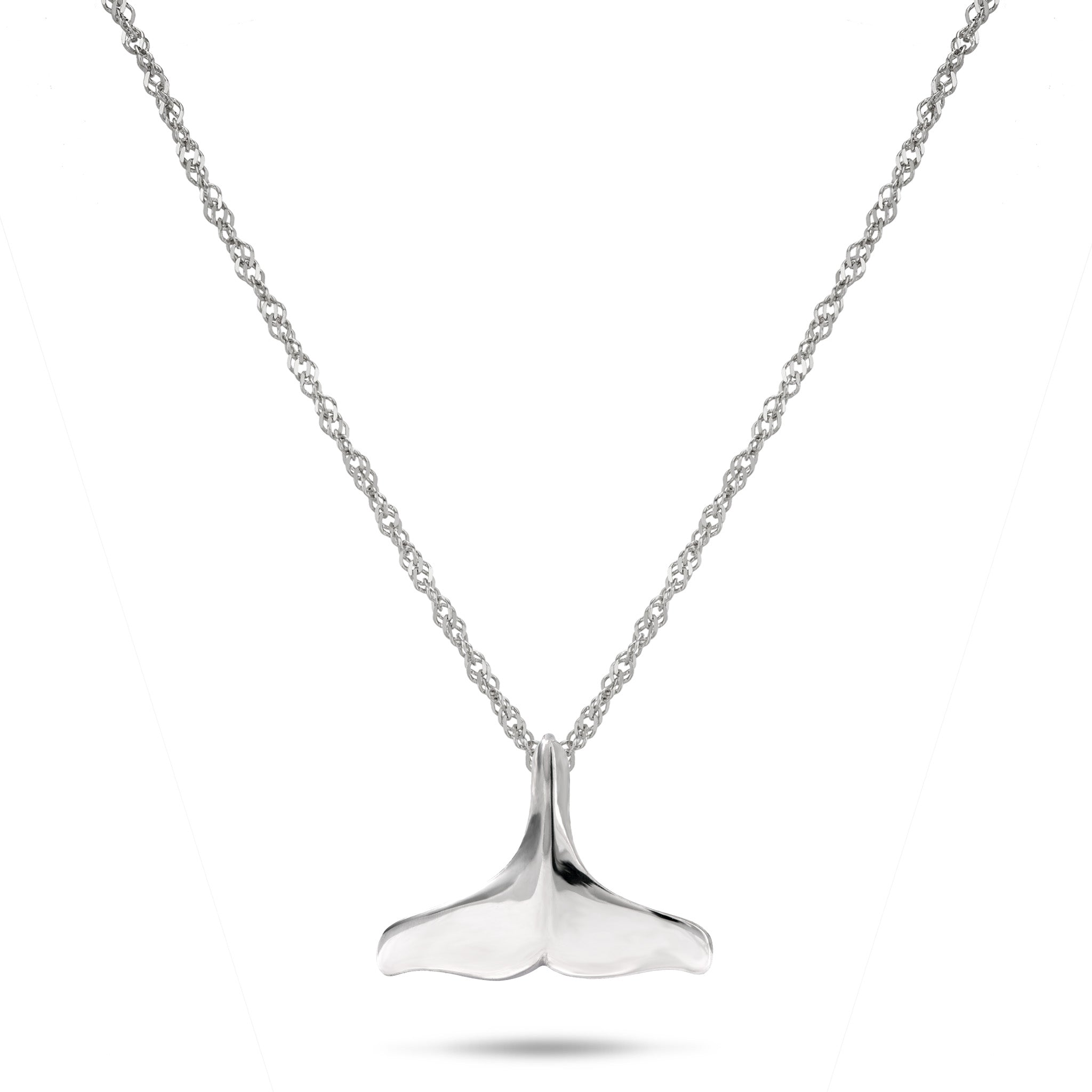 18" Whale Tail Pendant Necklace in Sterling Silver on a White background