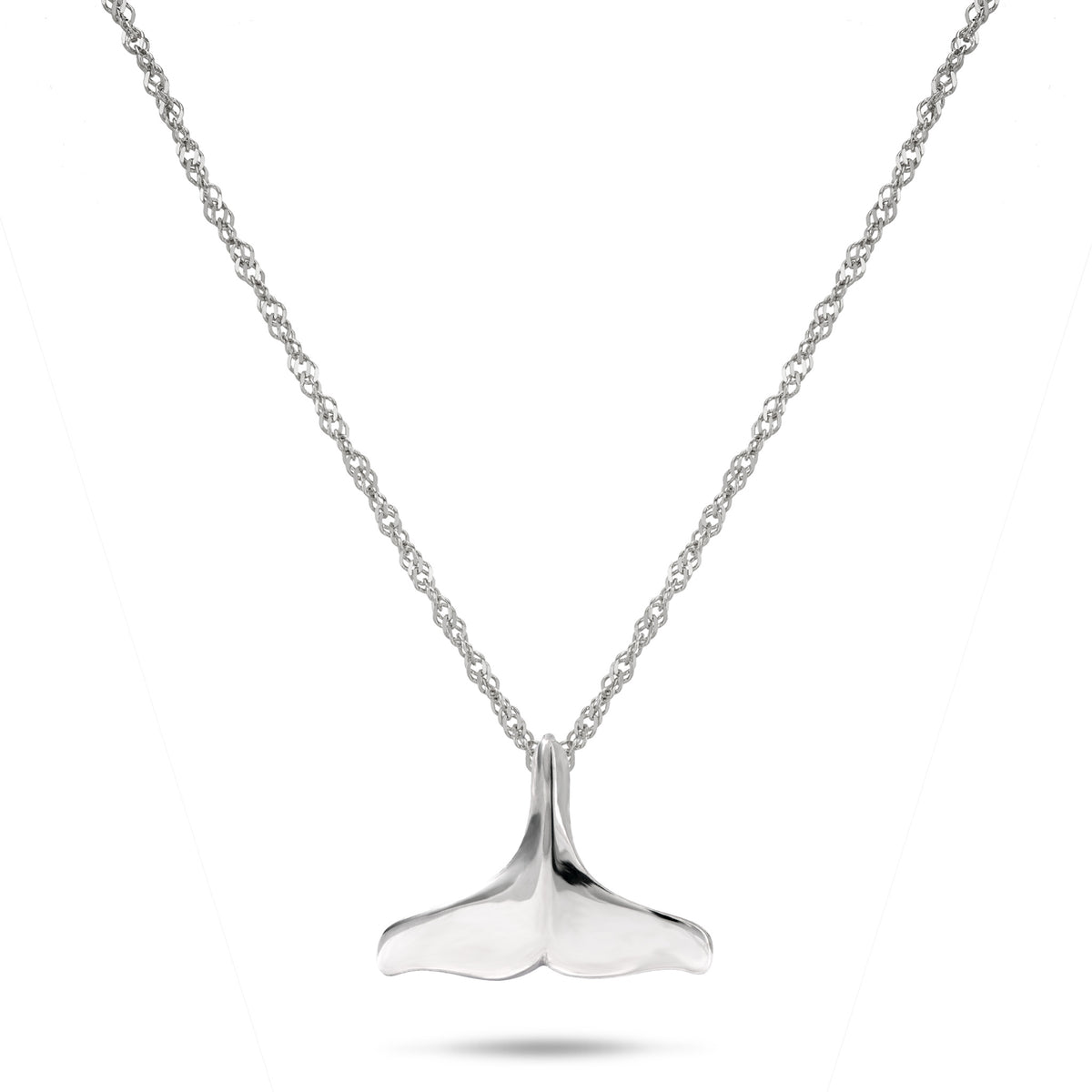 Whale Tail Pendant in Sterling Silver hanging on a Singapore chain, placed on a White background