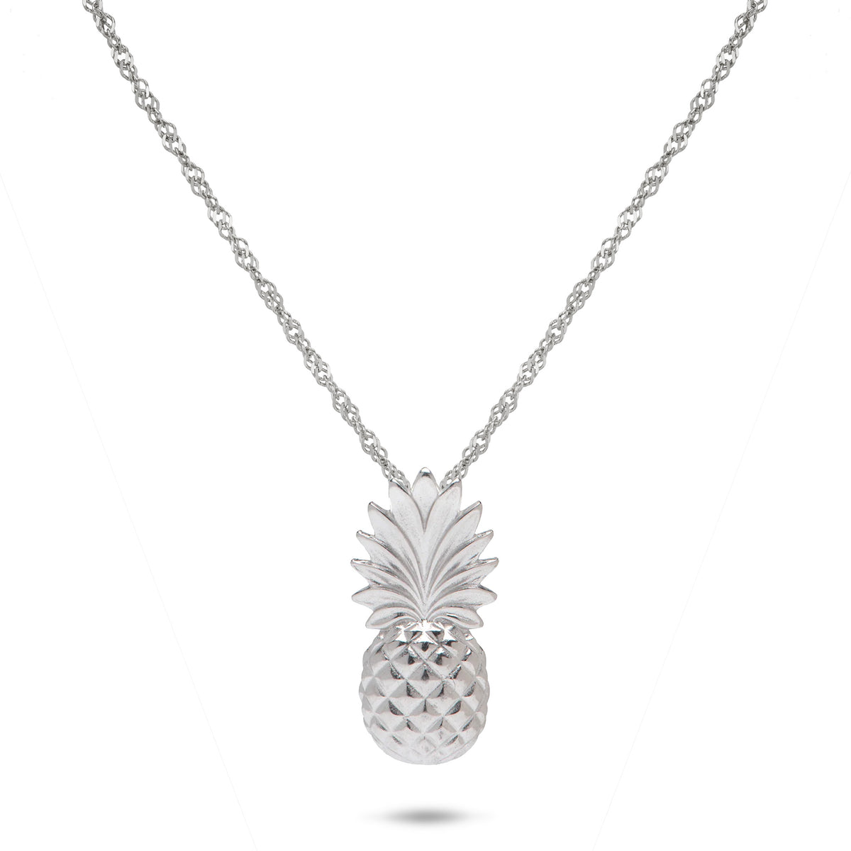 Pineapple Pendant in Sterling Silver hanging on a Singapore chain, placed on a White Background