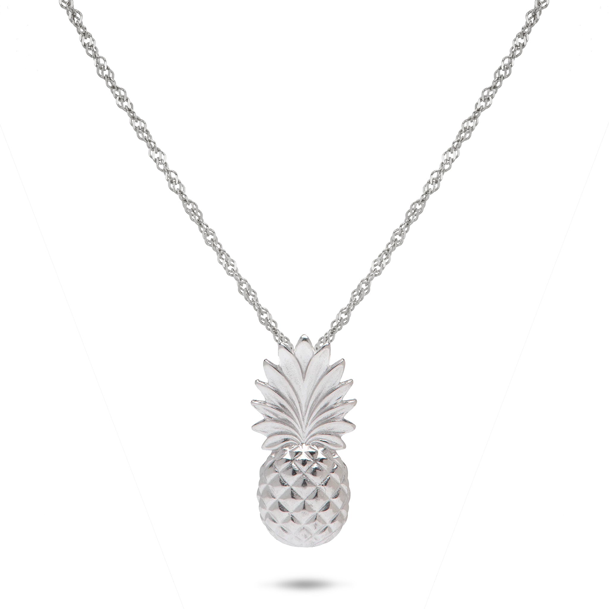 18" Pineapple Pendant Necklace in Sterling Silver on a White Background