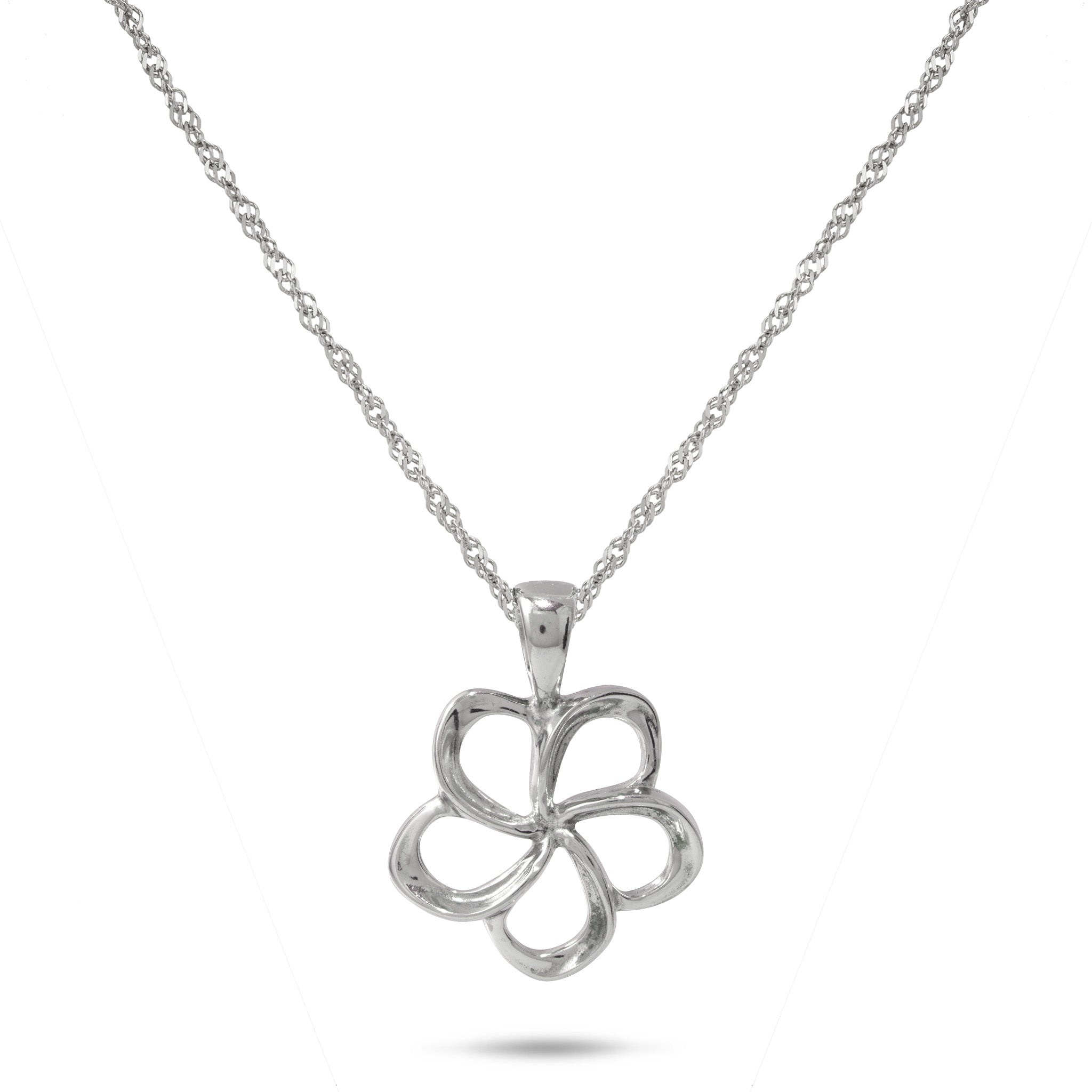 18" Plumeria Pendant Necklace in Sterling Silver on a White Background