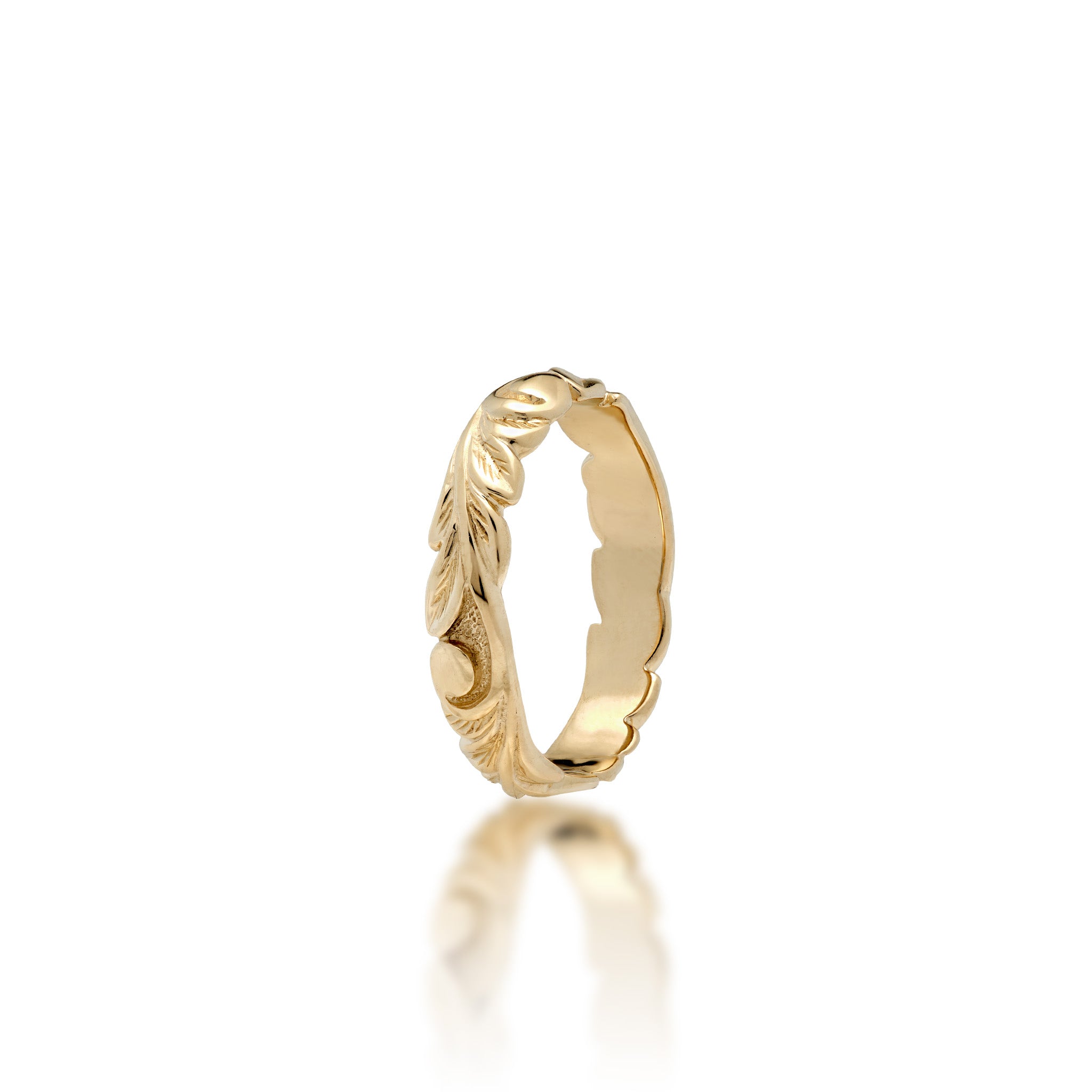 4.5mm Hawaiian Heirloom Ring in 14k White Gold with maile leaf and fern scrollwork, shown on a white background