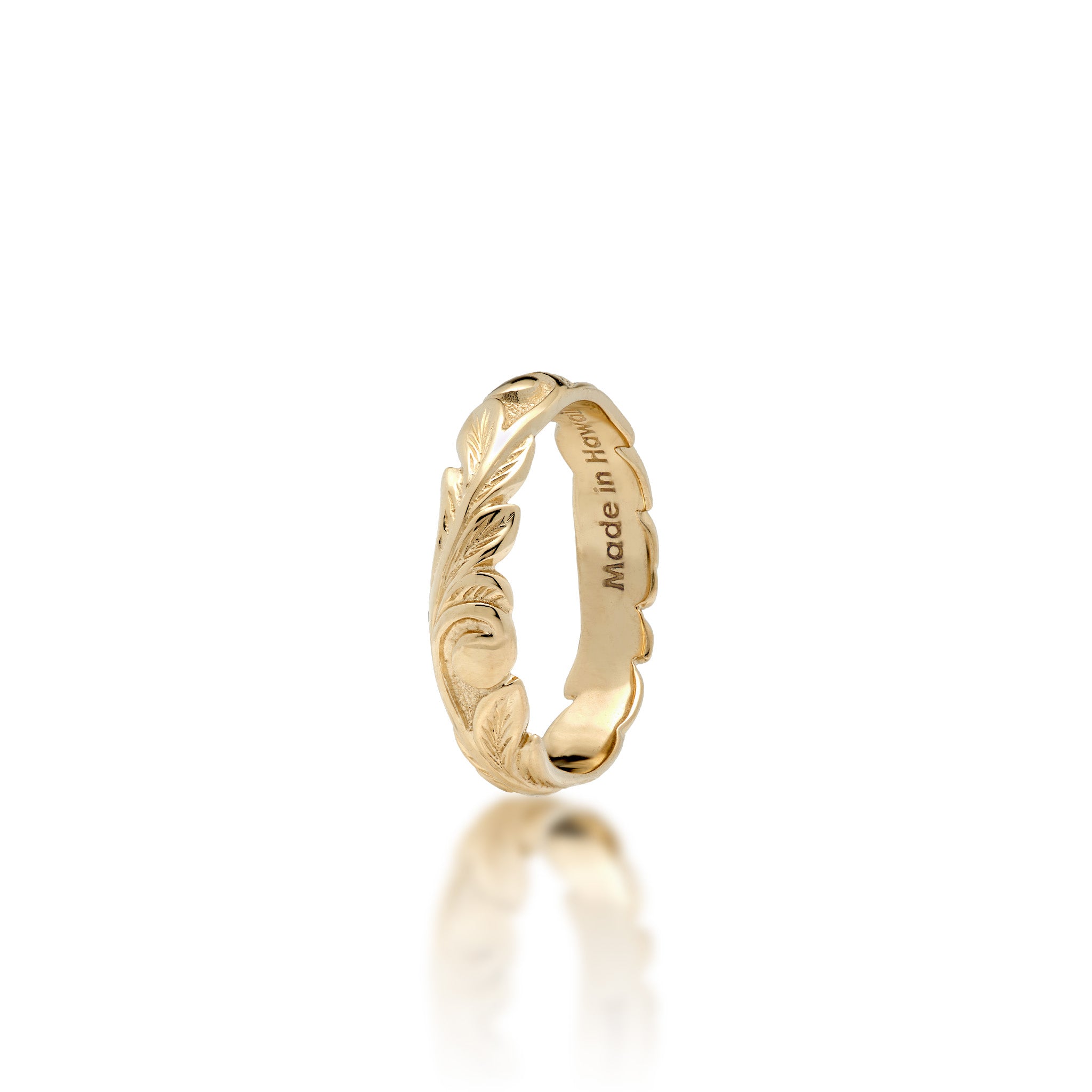 4.5mm Hawaiian Heirloom Ring in 14k Yellow Gold with maile leaf and fern scrollwork and ʻMade in Hawaii' stamp, shown on a white background