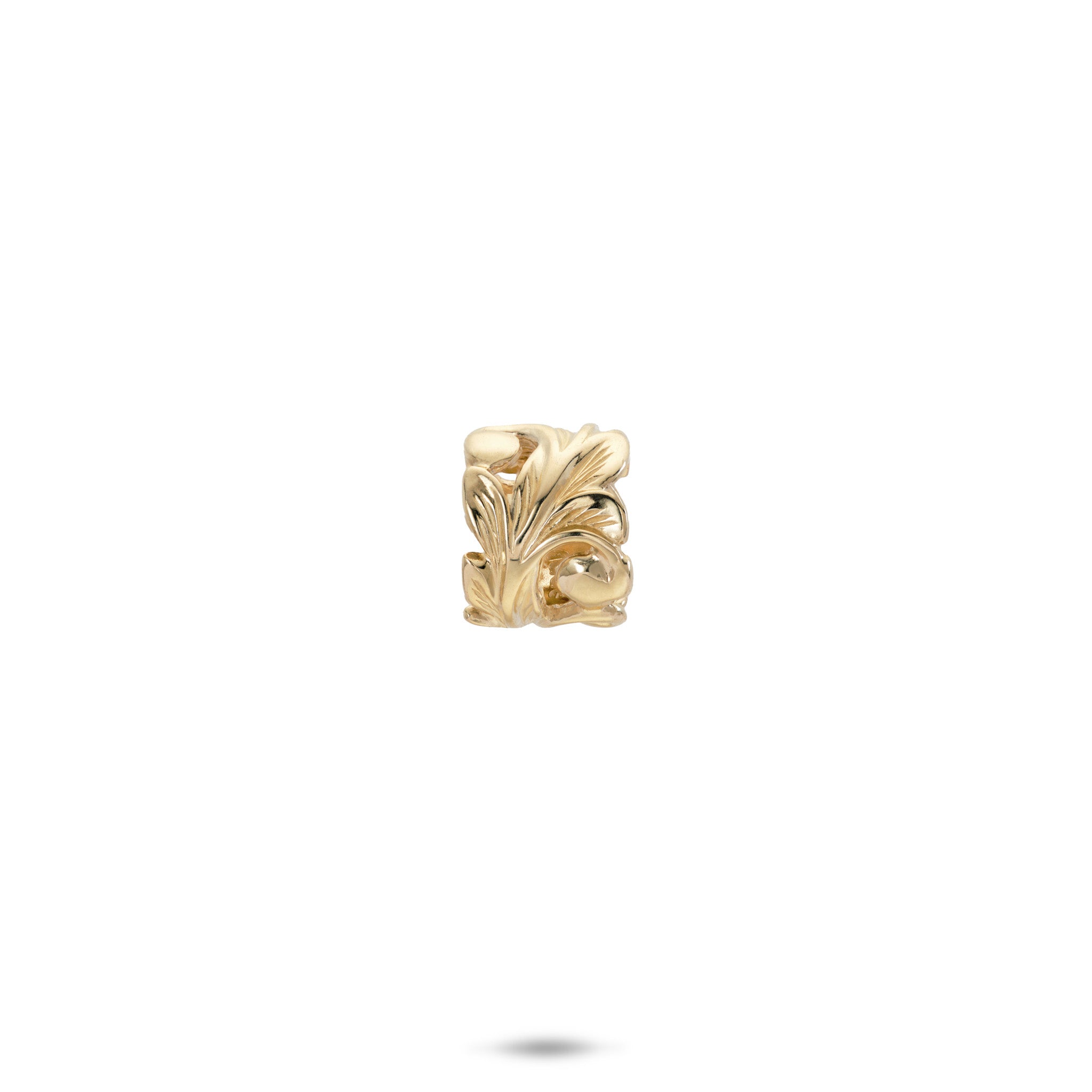 8mm Hawaiian Heirloom Maile Scroll Barrel Pendant in 14k Yellow Gold on a white background
