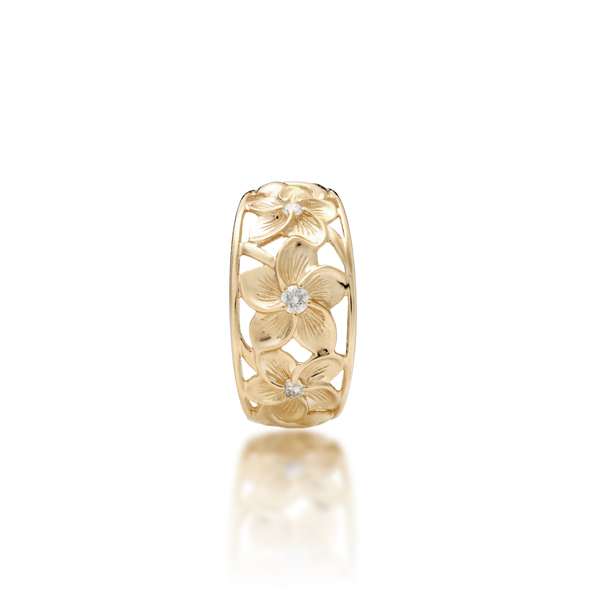 Top view of the 11mm Hawaiian Heirloom Plumeria Ring in Gold with Diamonds on a white background