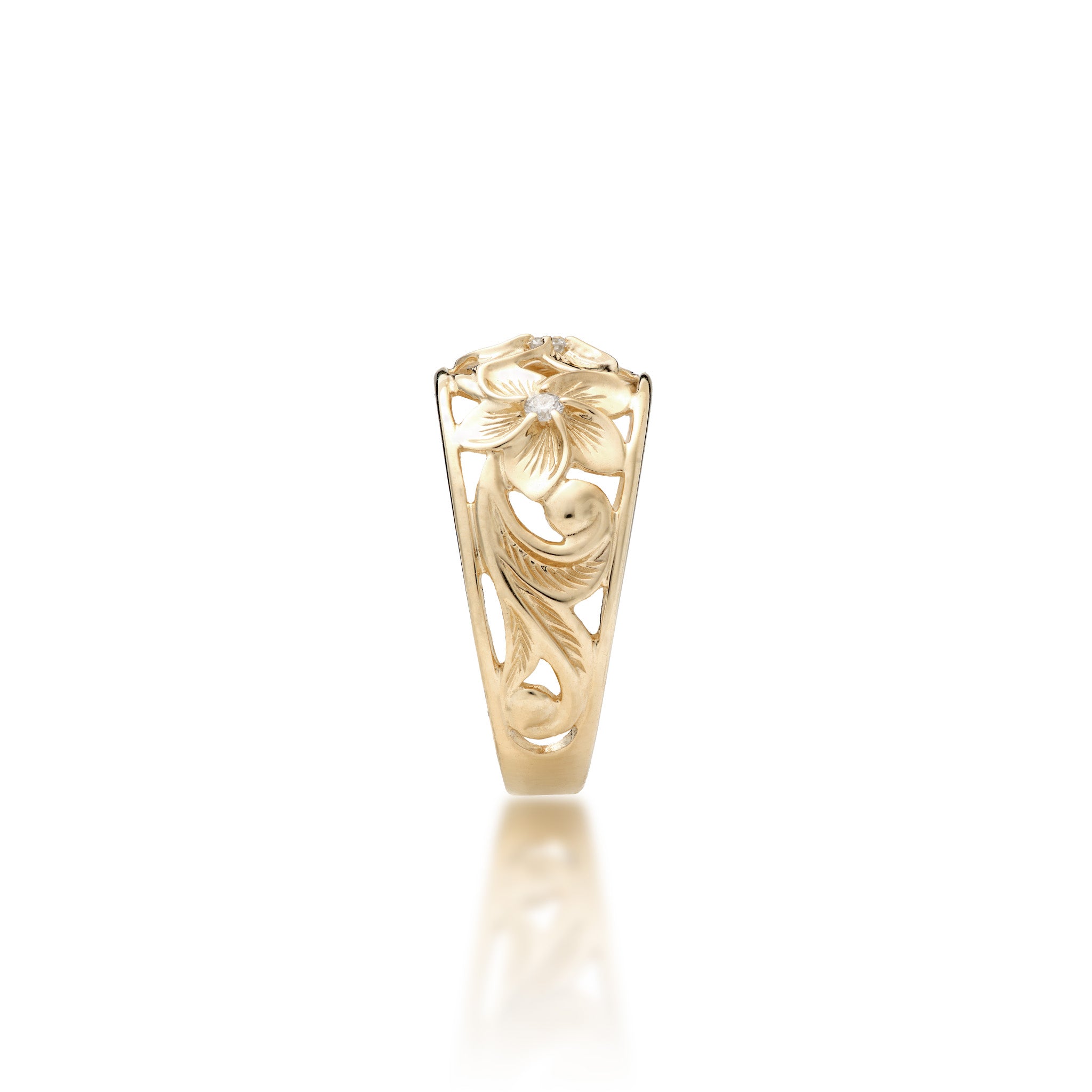 Side view of the 11mm Hawaiian Heirloom Plumeria Ring in Gold with Diamonds on a white background