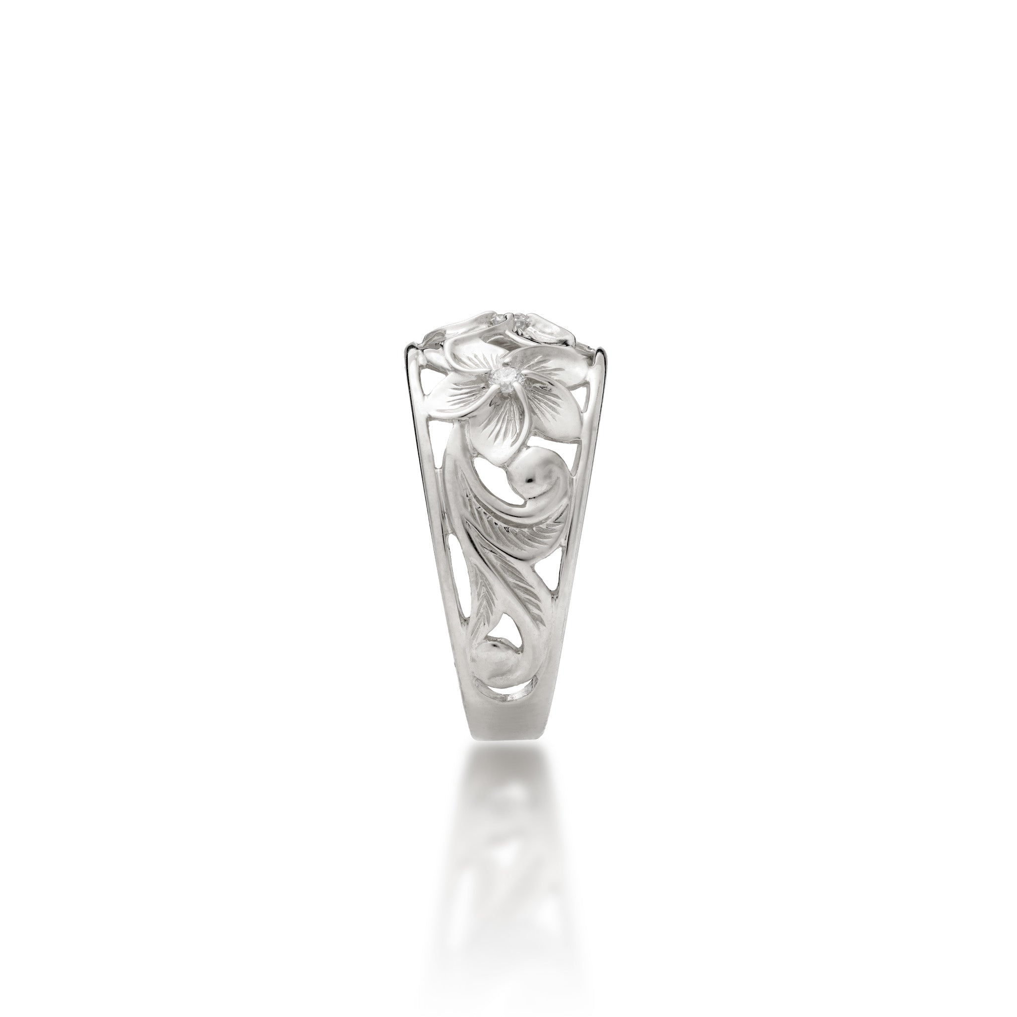 Side view of the 11mm Hawaiian Heirloom Plumeria Ring in White Gold with Diamonds on a white background