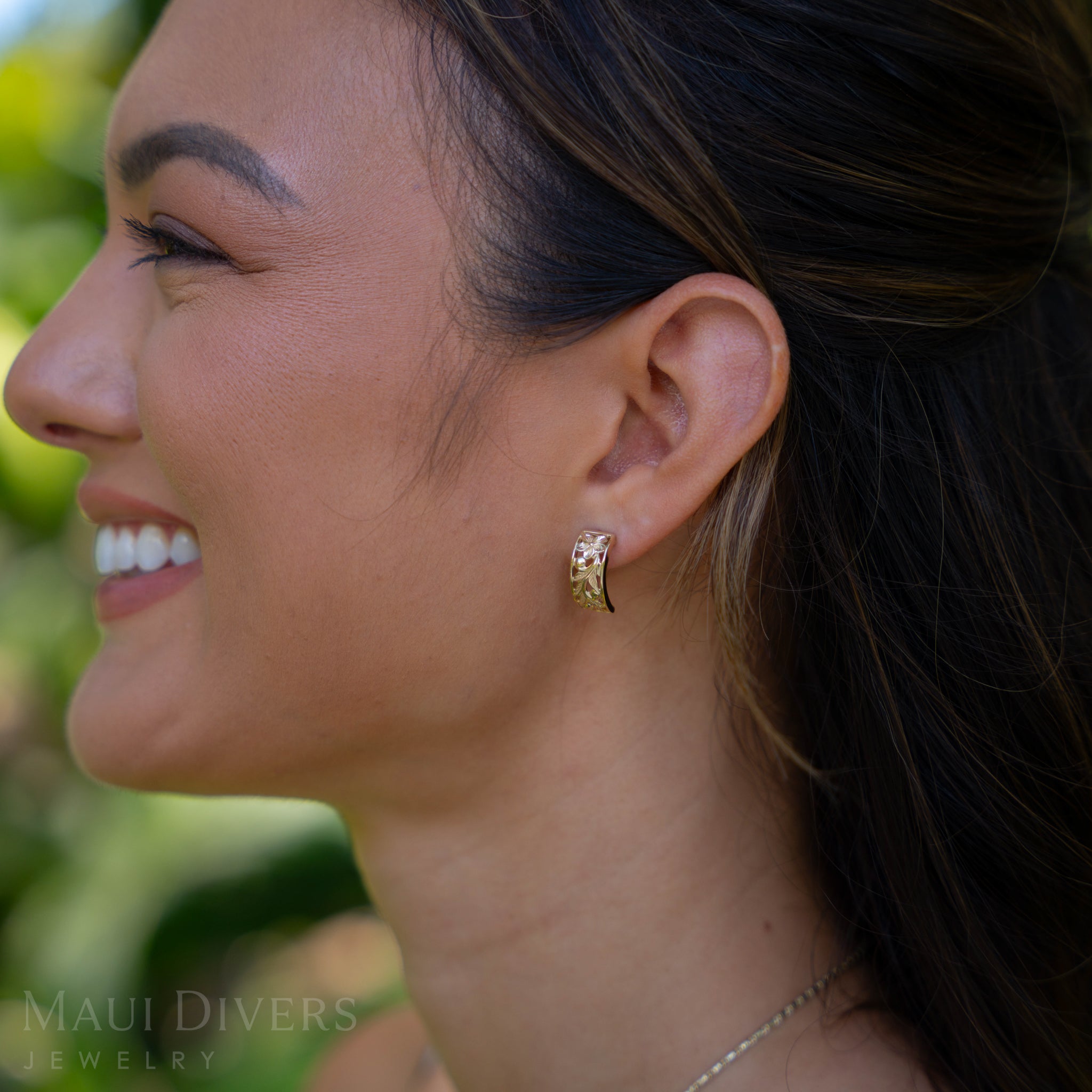 Hawaiian Heirloom Plumeria Half-Hoop Stud Earrings in Gold - 16mm