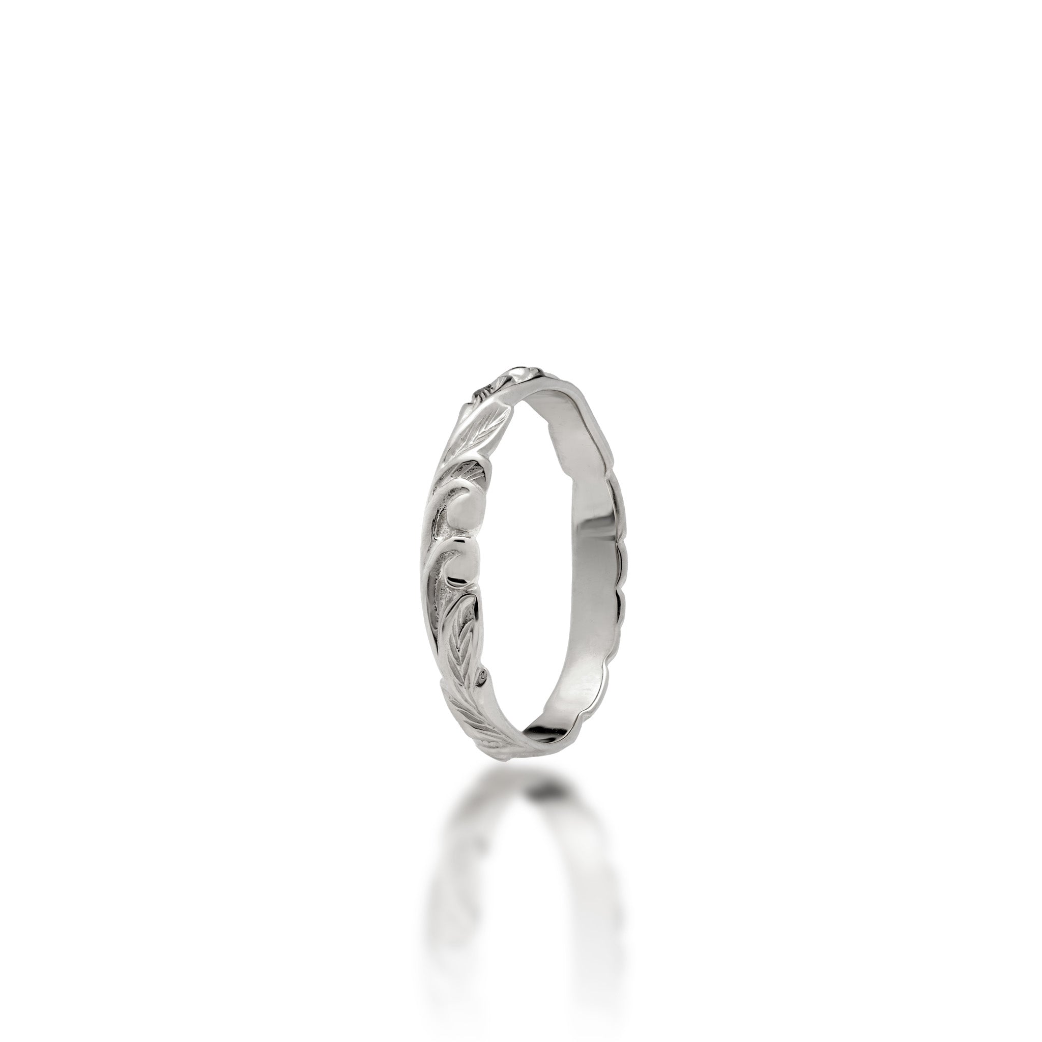 3mm Hawaiian Heirloom Ring in 14k White Gold with maile leaf and fern scrollwork, shown on a white background