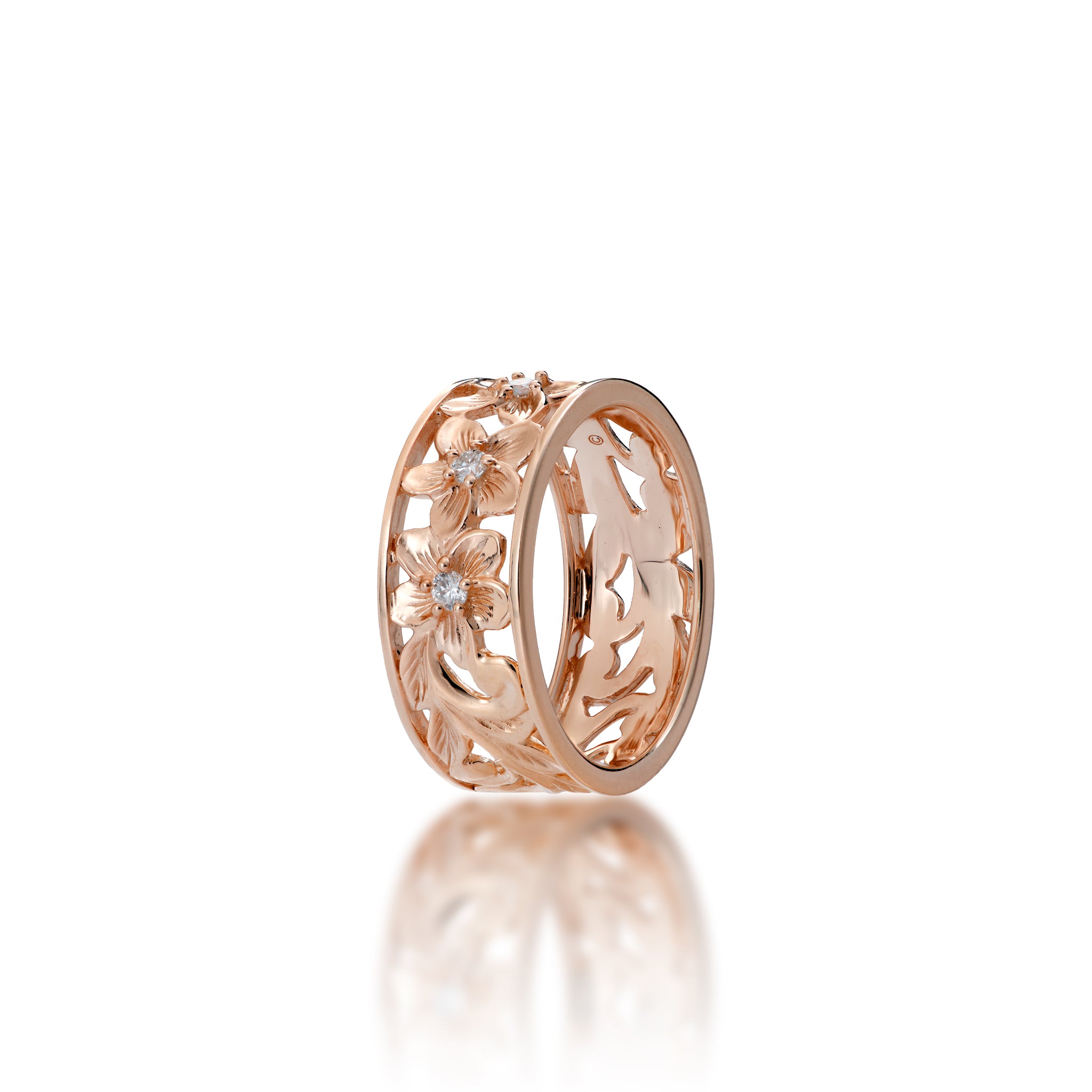 Hawaiian Heirloom Plumeria Ring in Rose Gold with Diamonds - 8mm