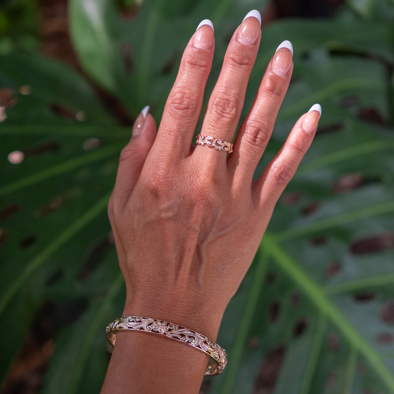 Hawaiian Heirloom Plumeria Scroll Bracelet in Rose Gold 8mm Maui Divers Jewelry